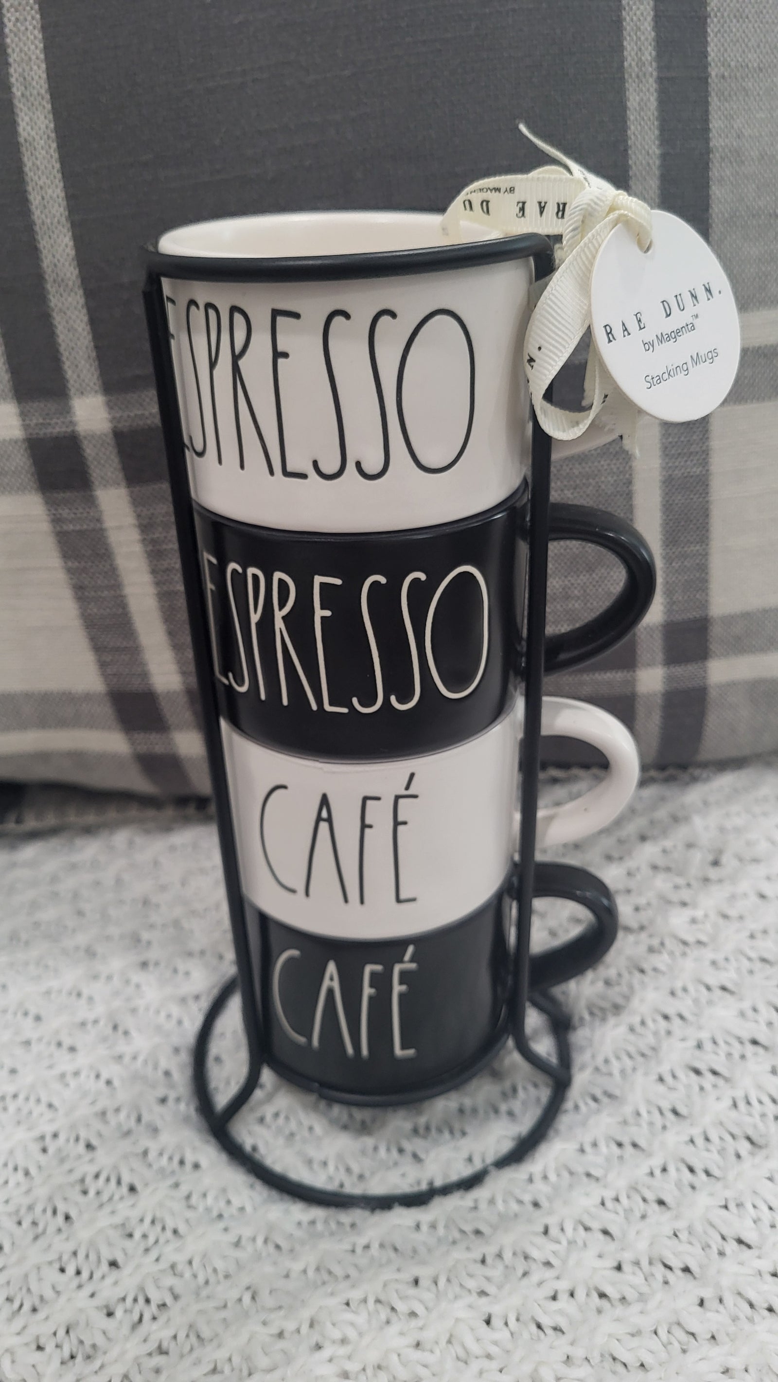 Rae Dunn "Mini Black & White Espresso, Cafe Stackable Mug Set Of 4