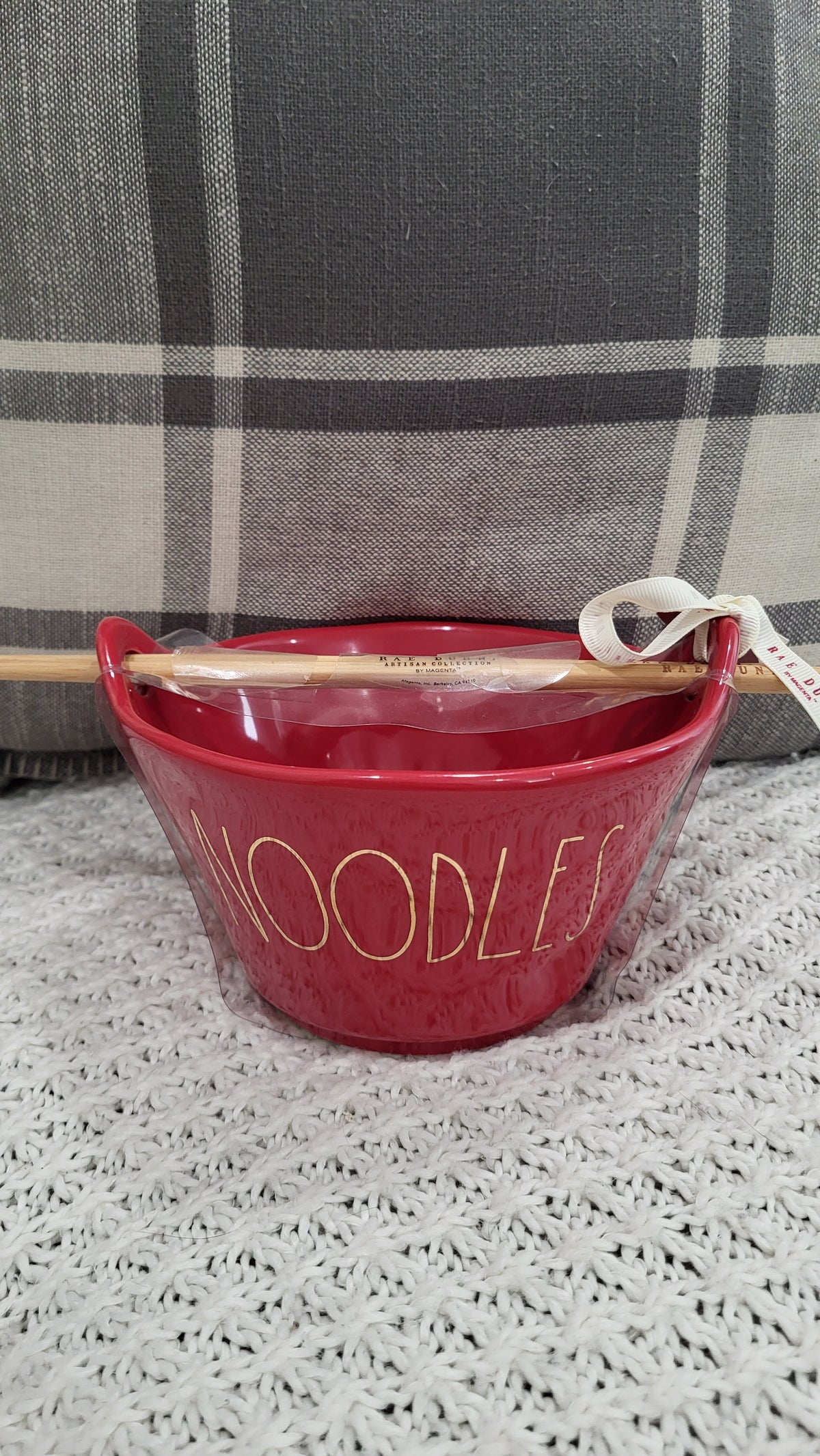 Rae Dunn &quot; Noodles&quot; Red Bowl &amp; Chopstick Set