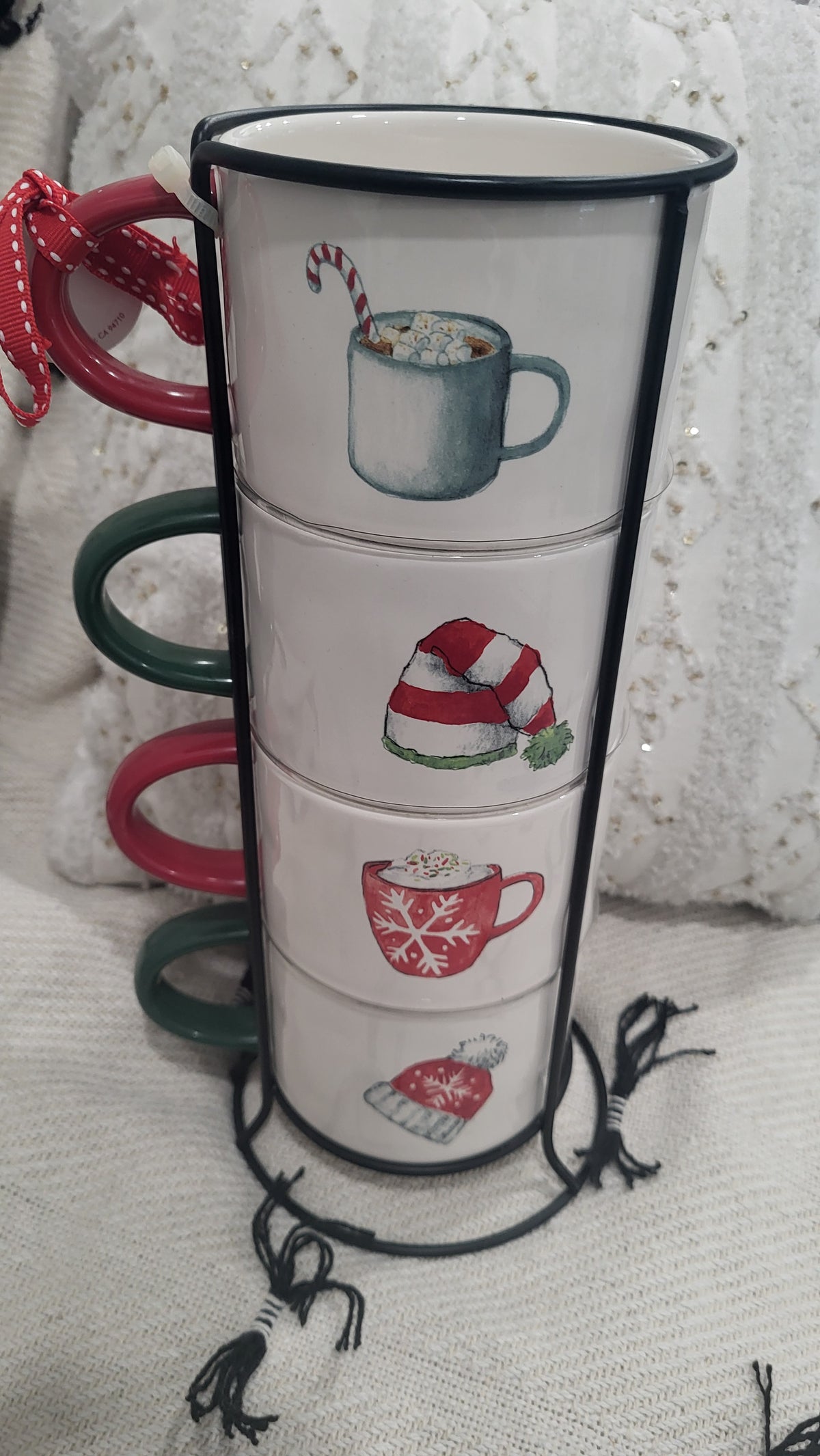 Rae Dunn &quot;Treats, Marshmallow, Cocoa, Candy Canes Double Sided Stackable Mug Set of 4 Holiday Collection