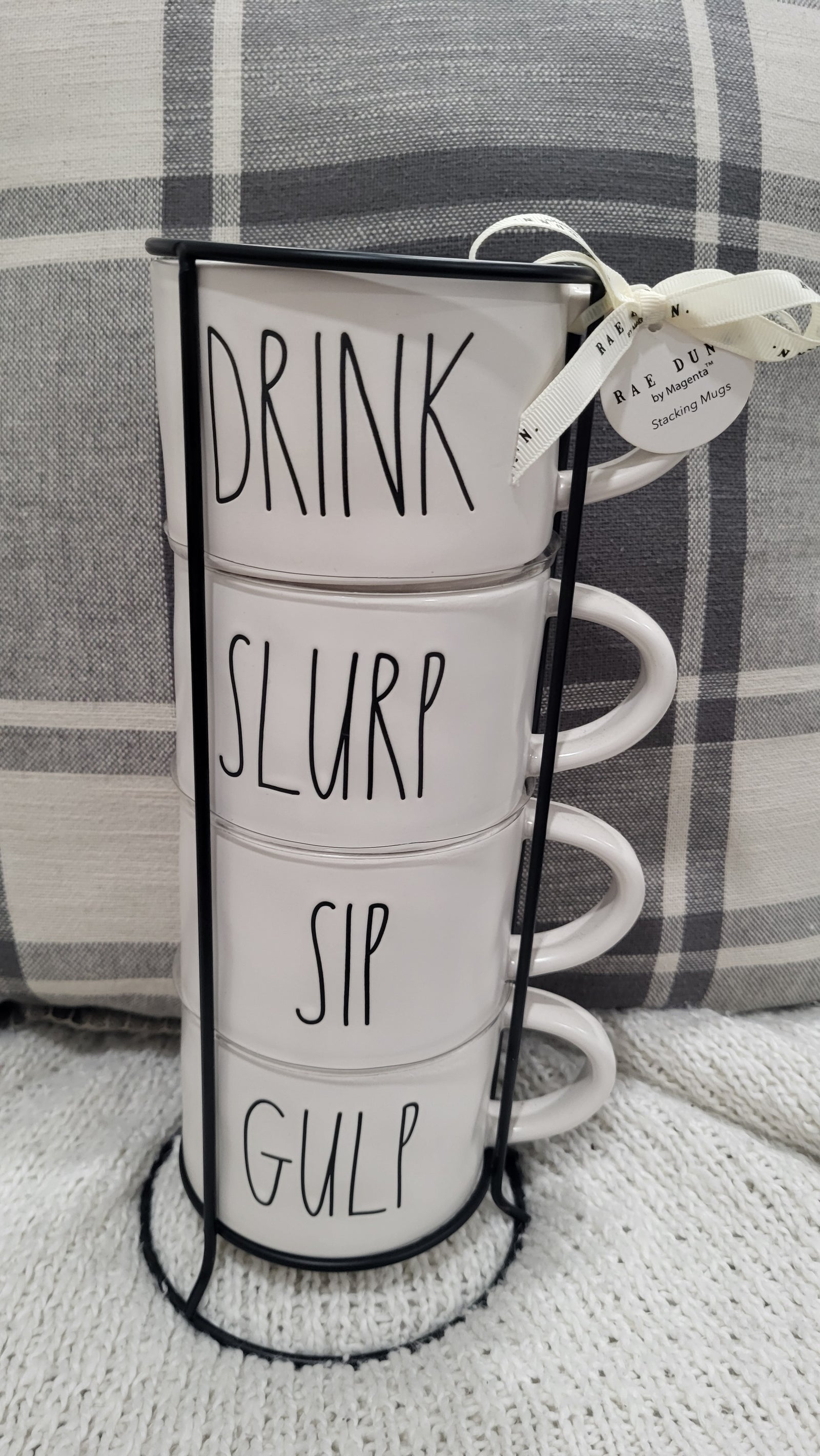 Rae Dunn "Drink, Slurp, Sip, Gulp " White Stackable Mugs Set of 4