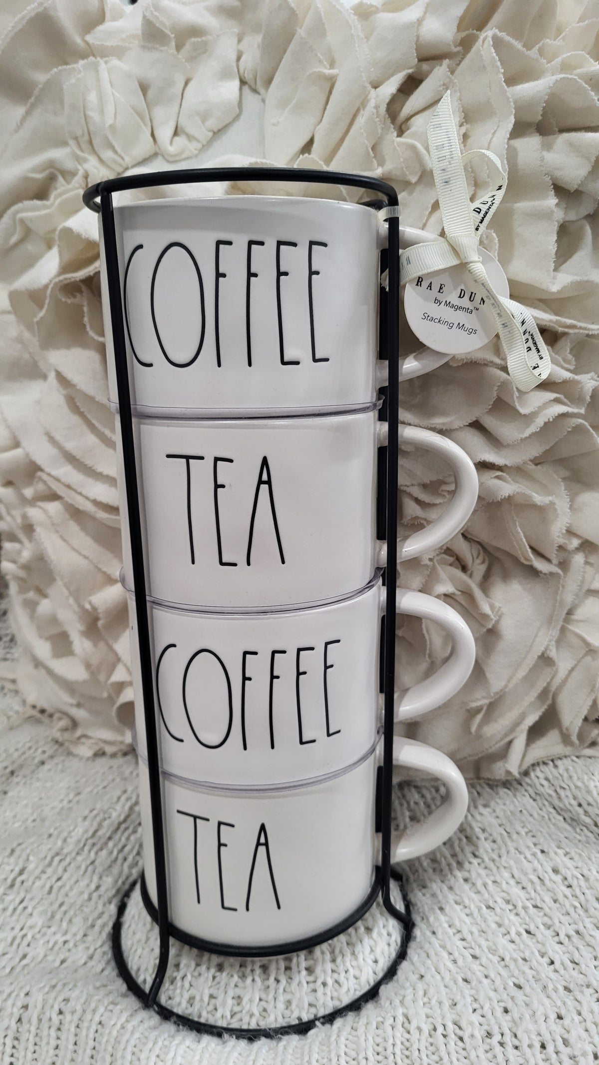 Rae Dunn &quot;Coffee &amp; Tea&quot; White Stackable Mugs Set of 4