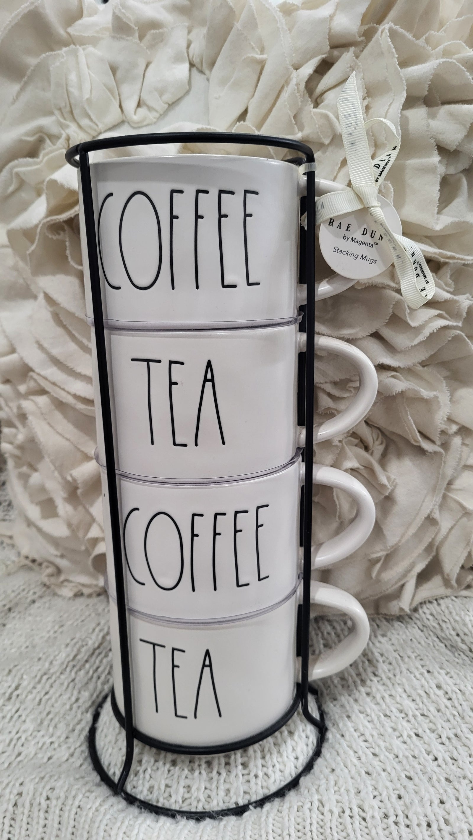 Rae Dunn "Coffee & Tea" White Stackable Mugs Set of 4