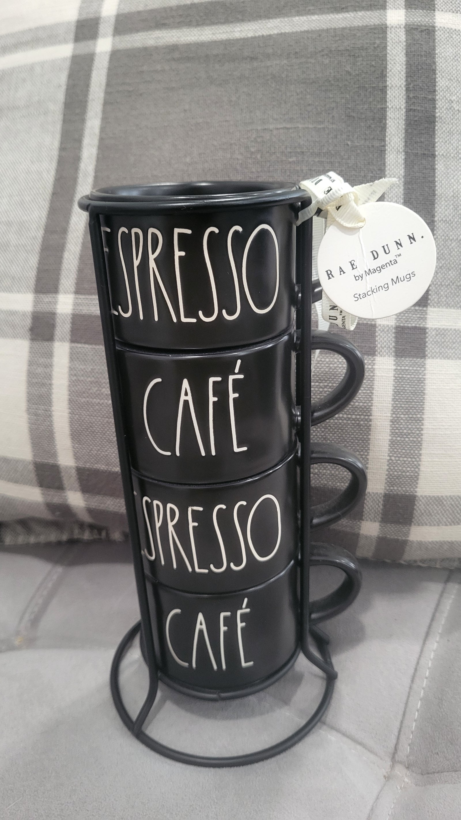 Rae Dunn " Mini Espresso & Cafe Black Stackable Mug Set of 4