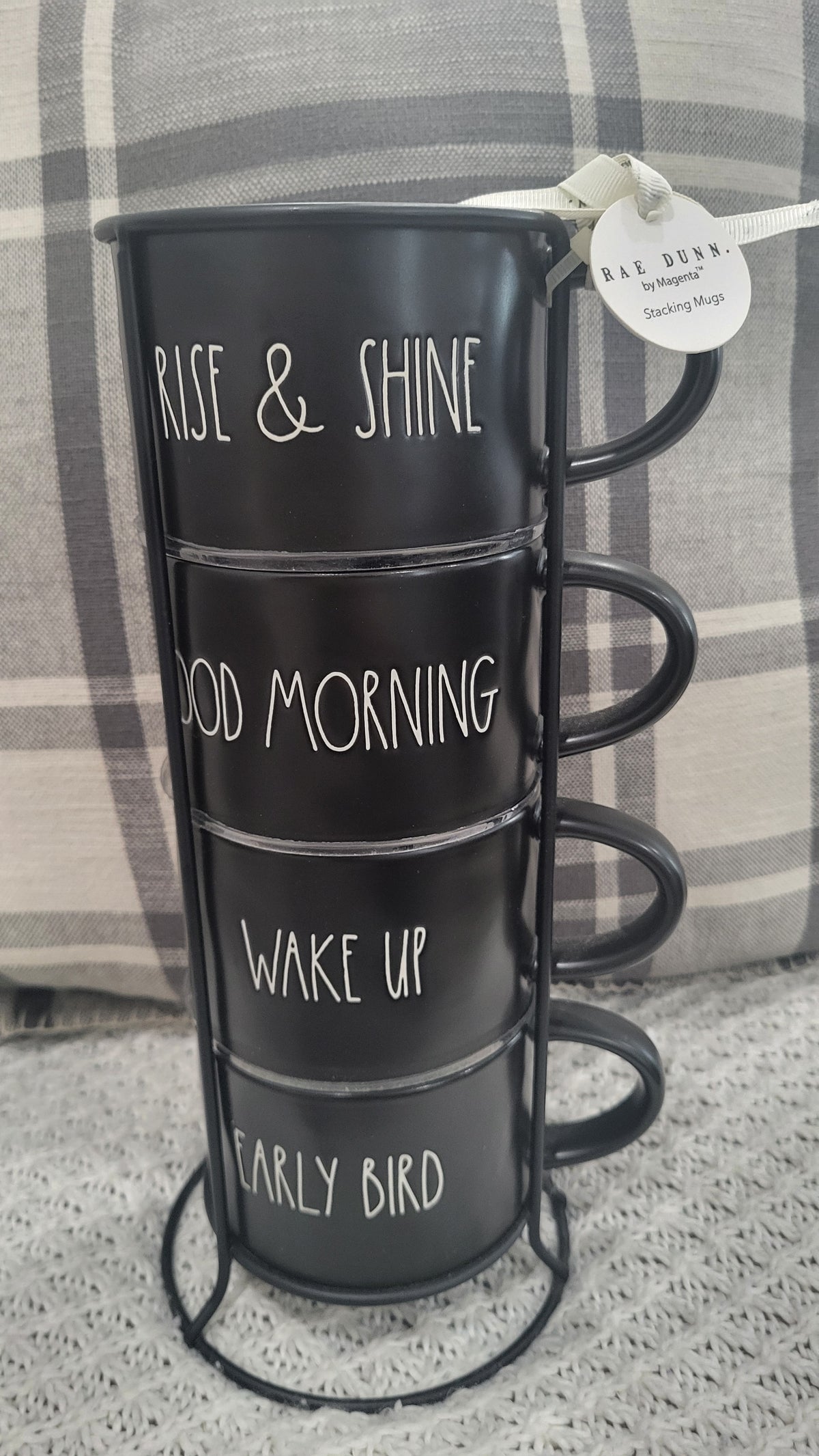 Rae Dunn &quot; Rise &amp; Shine, Good Morning, Wake Up, Early Bird Black Stackable Mug Set Of 4
