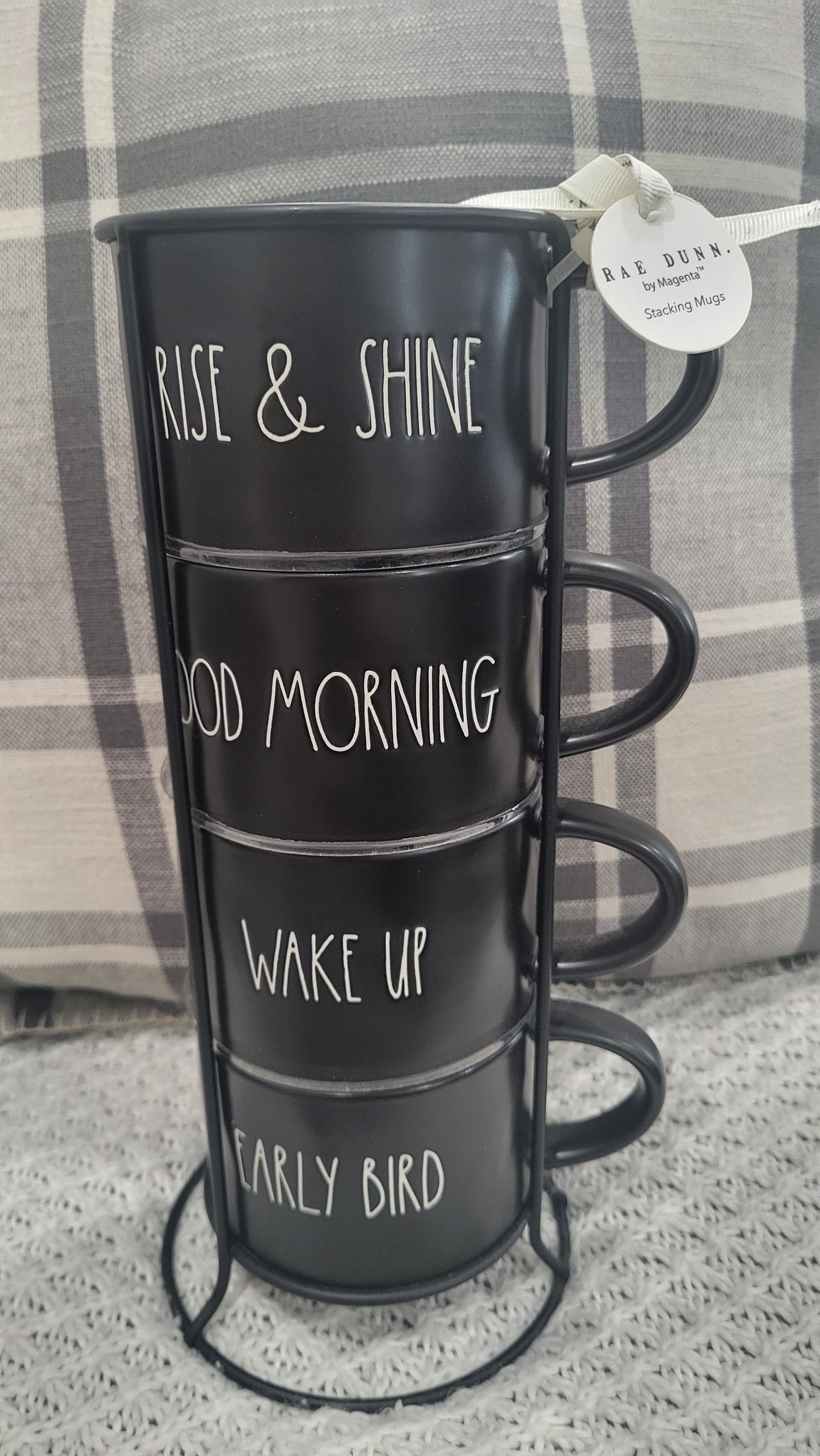 Rae Dunn " Rise & Shine, Good Morning, Wake Up, Early Bird Black Stackable Mug Set Of 4