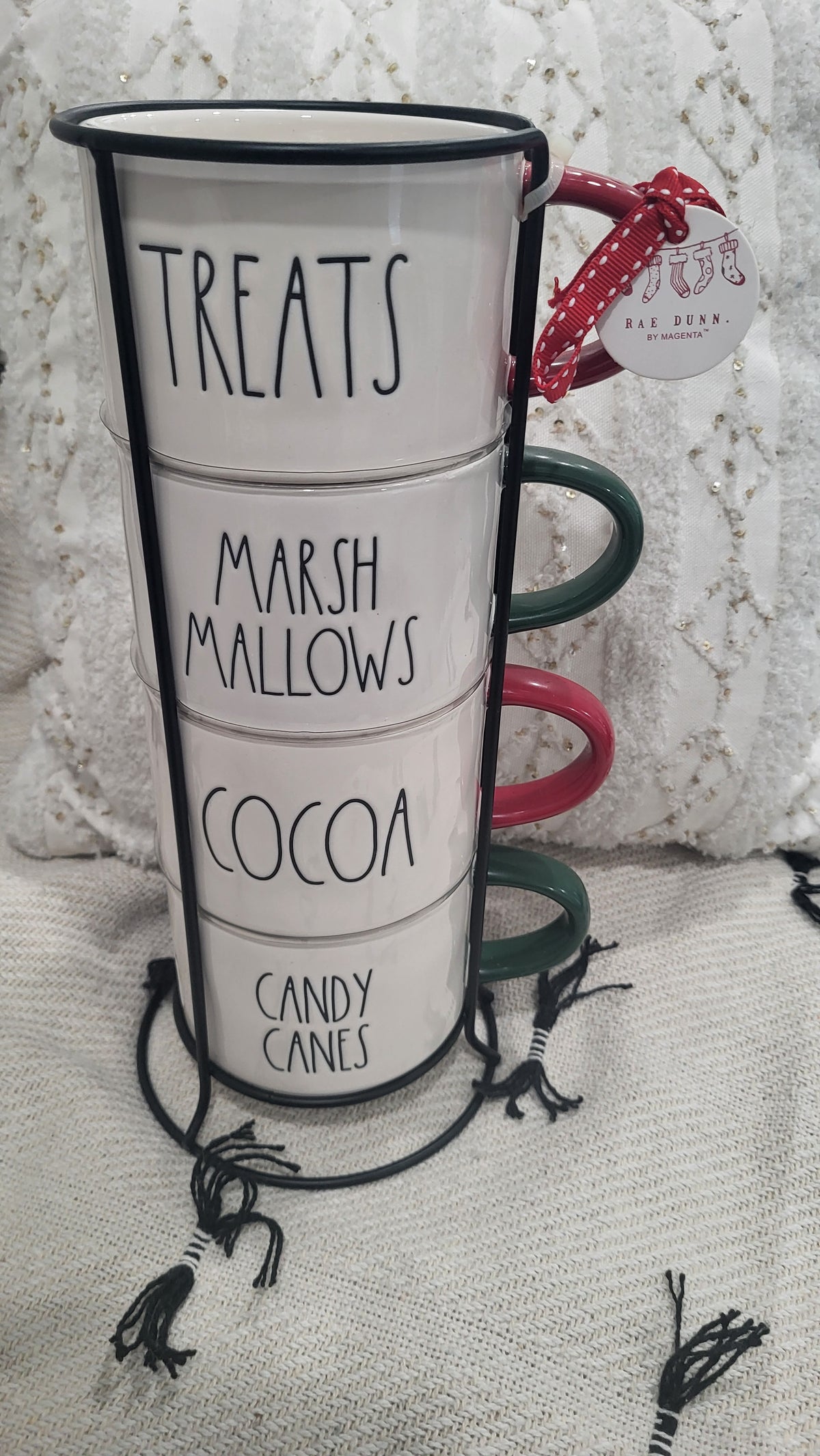 Rae Dunn &quot;Treats, Marshmallow, Cocoa, Candy Canes Double Sided Stackable Mug Set of 4 Holiday Collection
