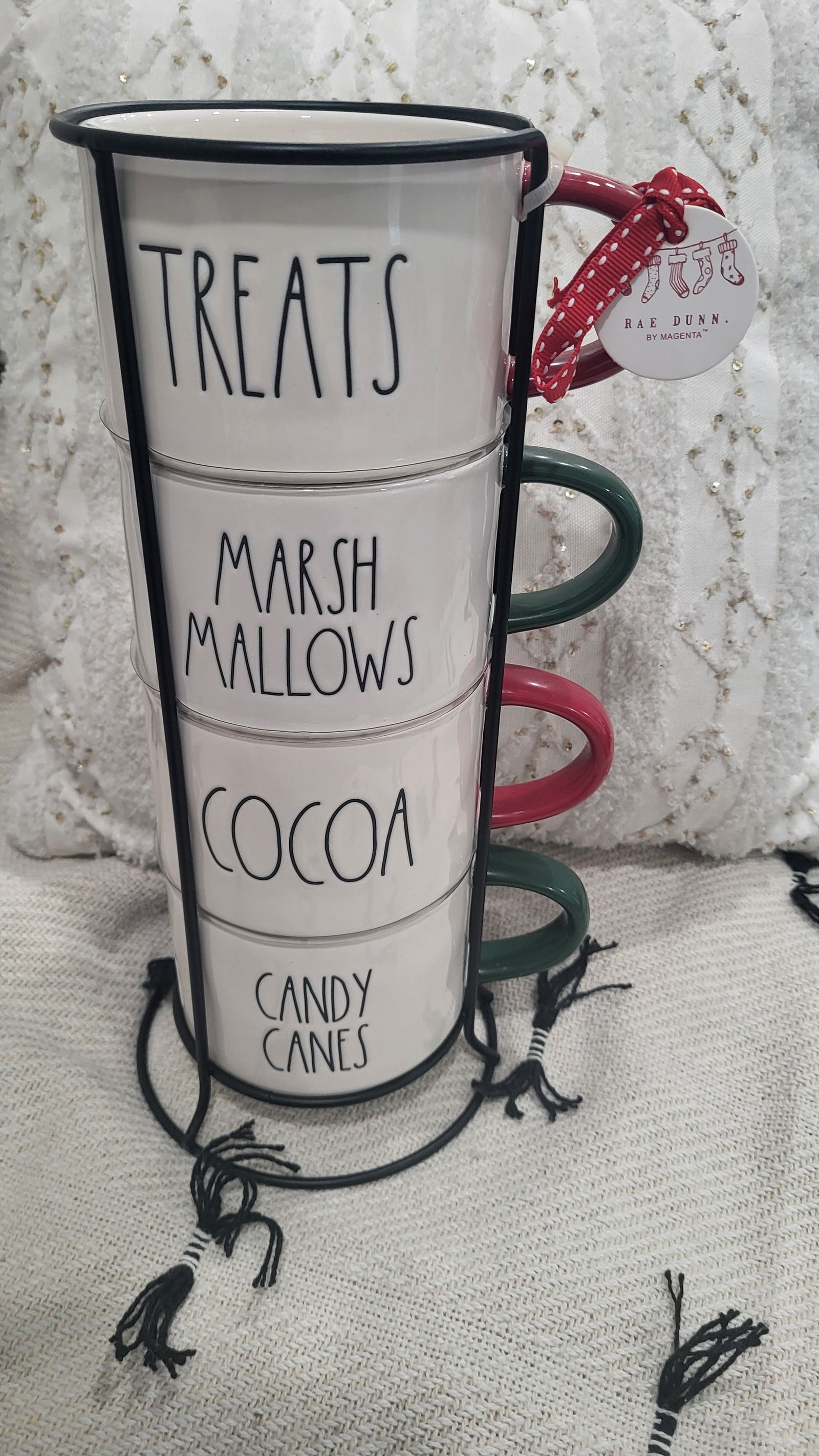 Rae Dunn "Treats, Marshmallow, Cocoa, Candy Canes Double Sided Stackable Mug Set of 4 Holiday Collection