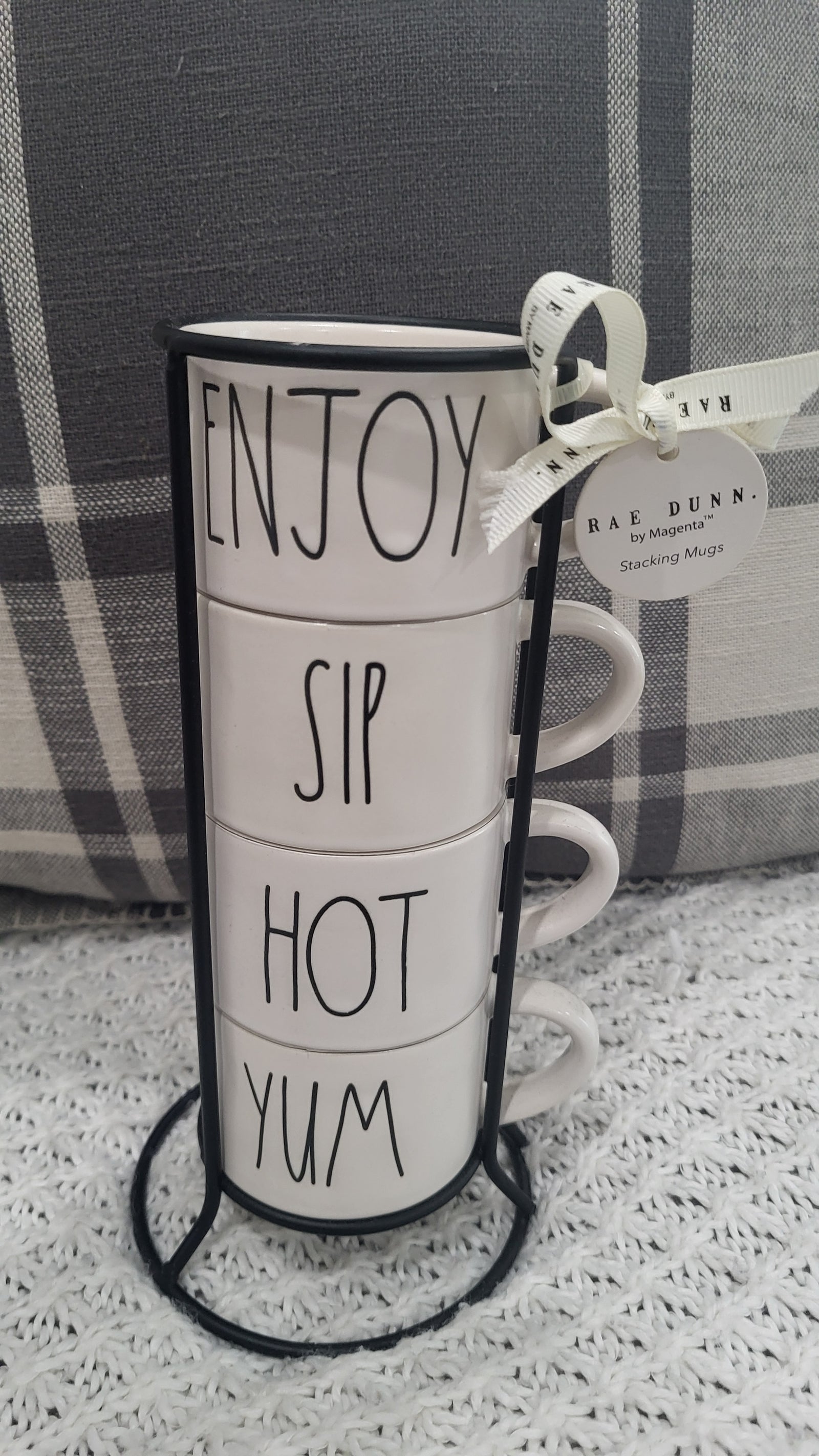 Rae Dunn Mini "Enjoy, Sip, Hot, Yum White Stackable Mug Set Of 4