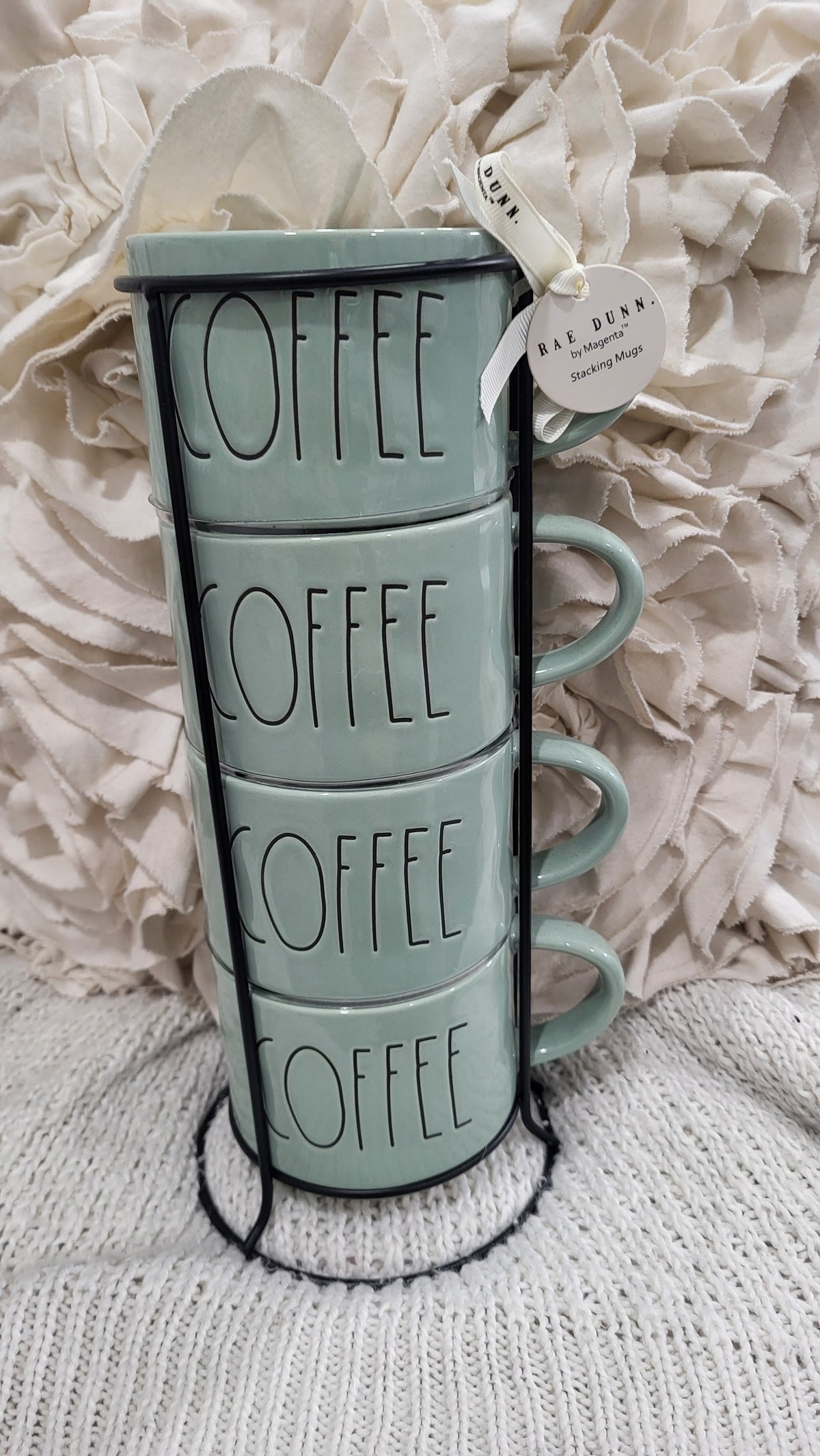 Rae Dunn &quot;Coffee&quot; Green Stackable Mugs Set of 4
