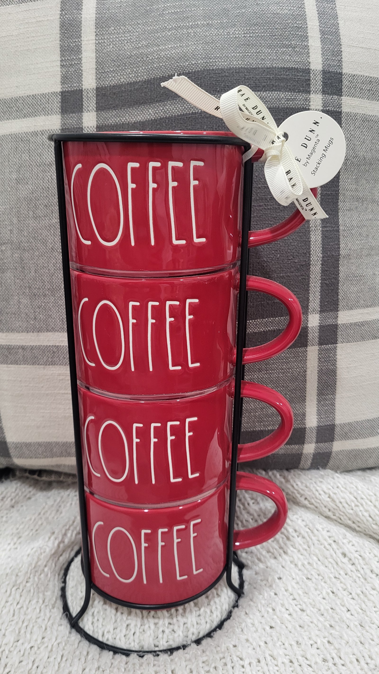 Rae Dunn "Coffee" Red Shinny Stackable Mugs Set of 4