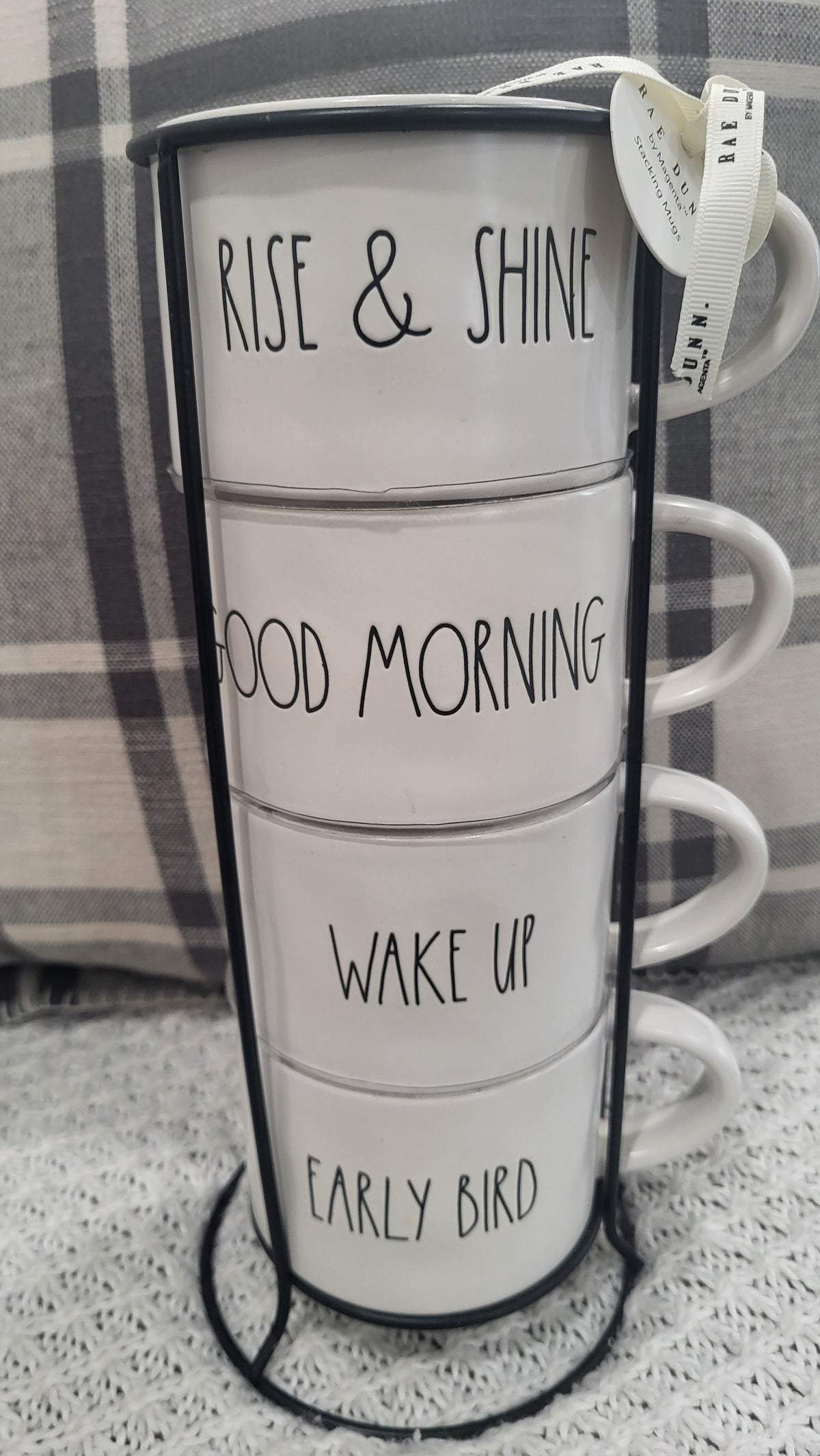 Rae Dunn &quot; Rise &amp; Shine, Good Morning, Wake Up, Early Bird White Stackable Mug Set Of 4