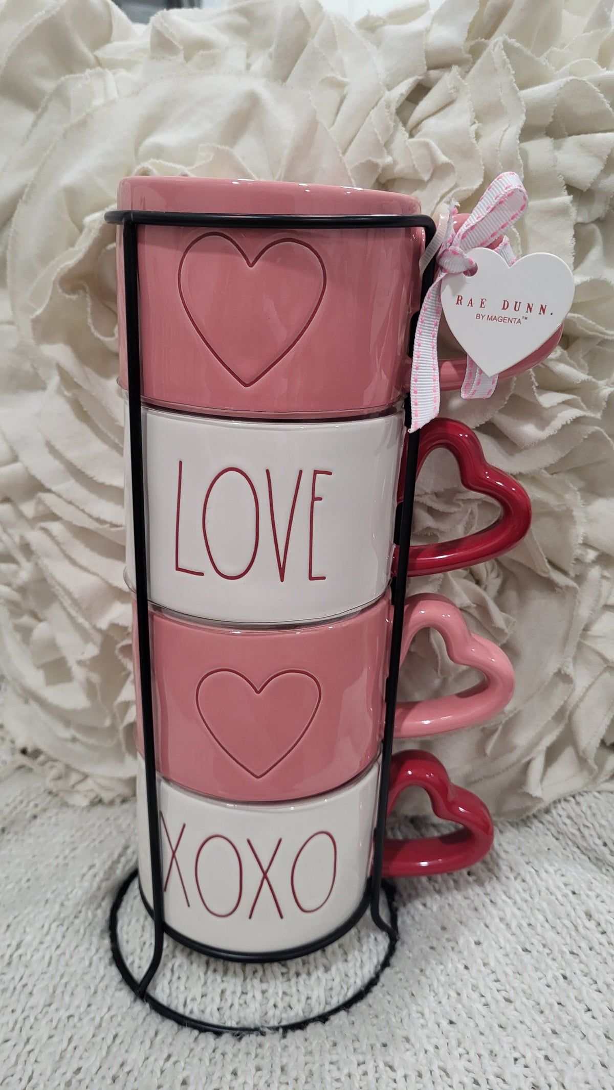 Rae Dunn &quot;Heart, Love, XOXO&quot; Heart Handle Stackable Mugs Set of 4