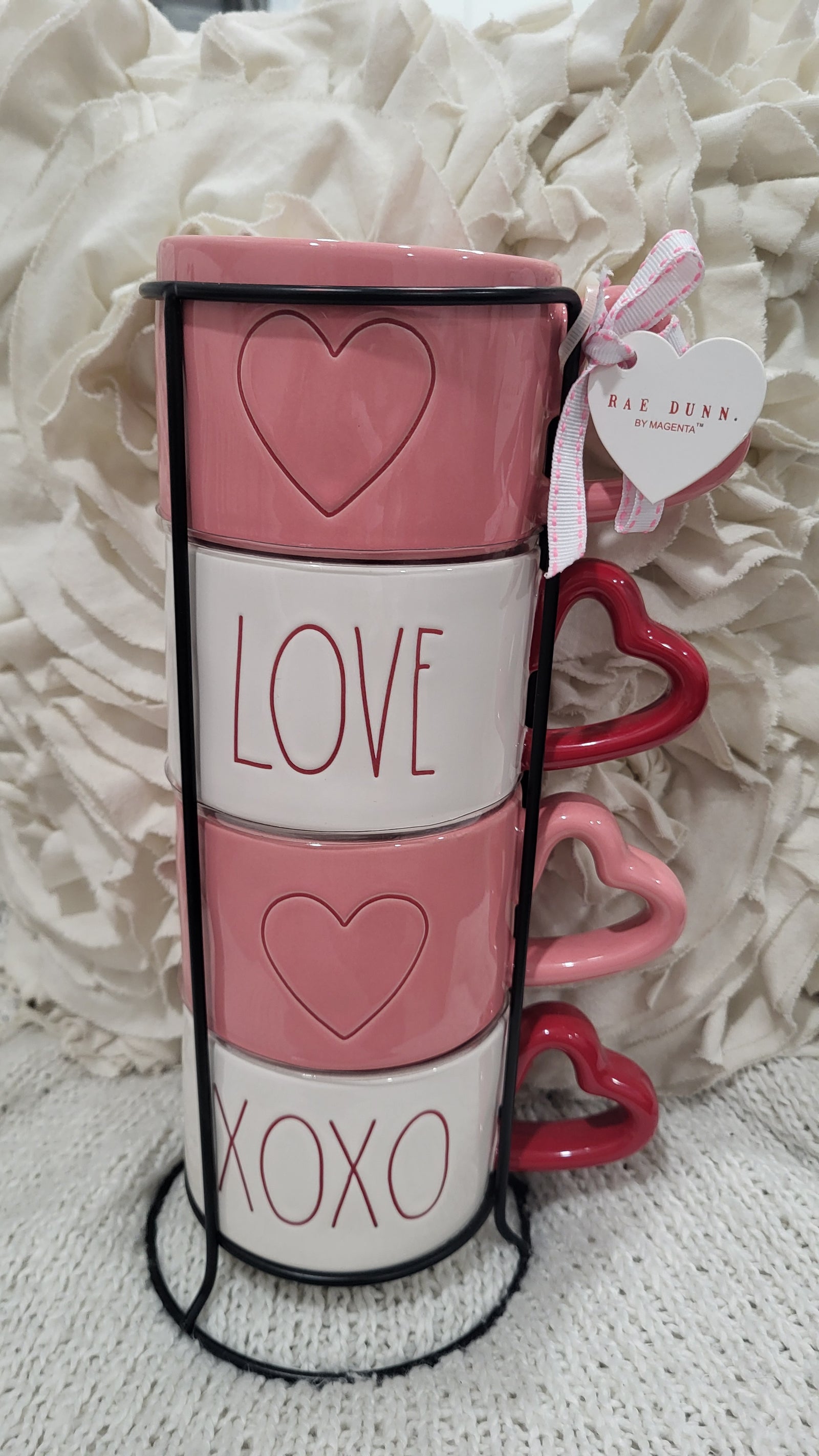Rae Dunn "Heart, Love, XOXO" Heart Handle Stackable Mugs Set of 4