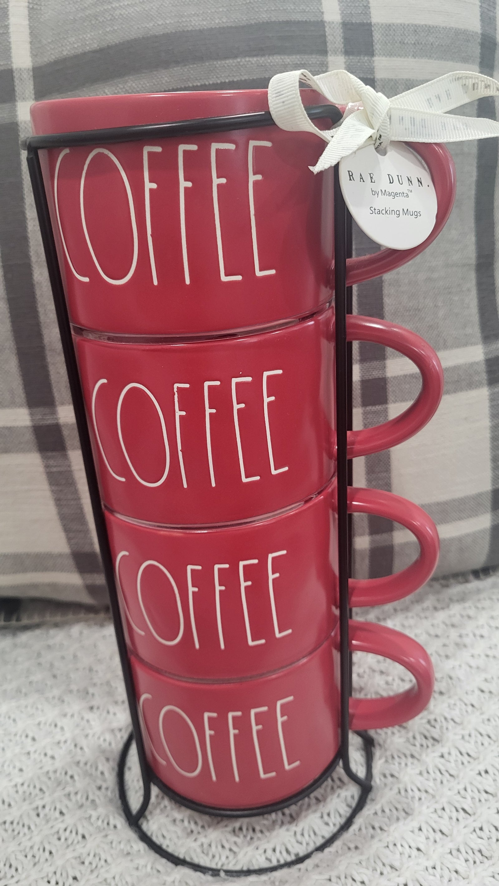Rae Dunn "Coffee" Red Matte Stackable Mugs Set Of 4