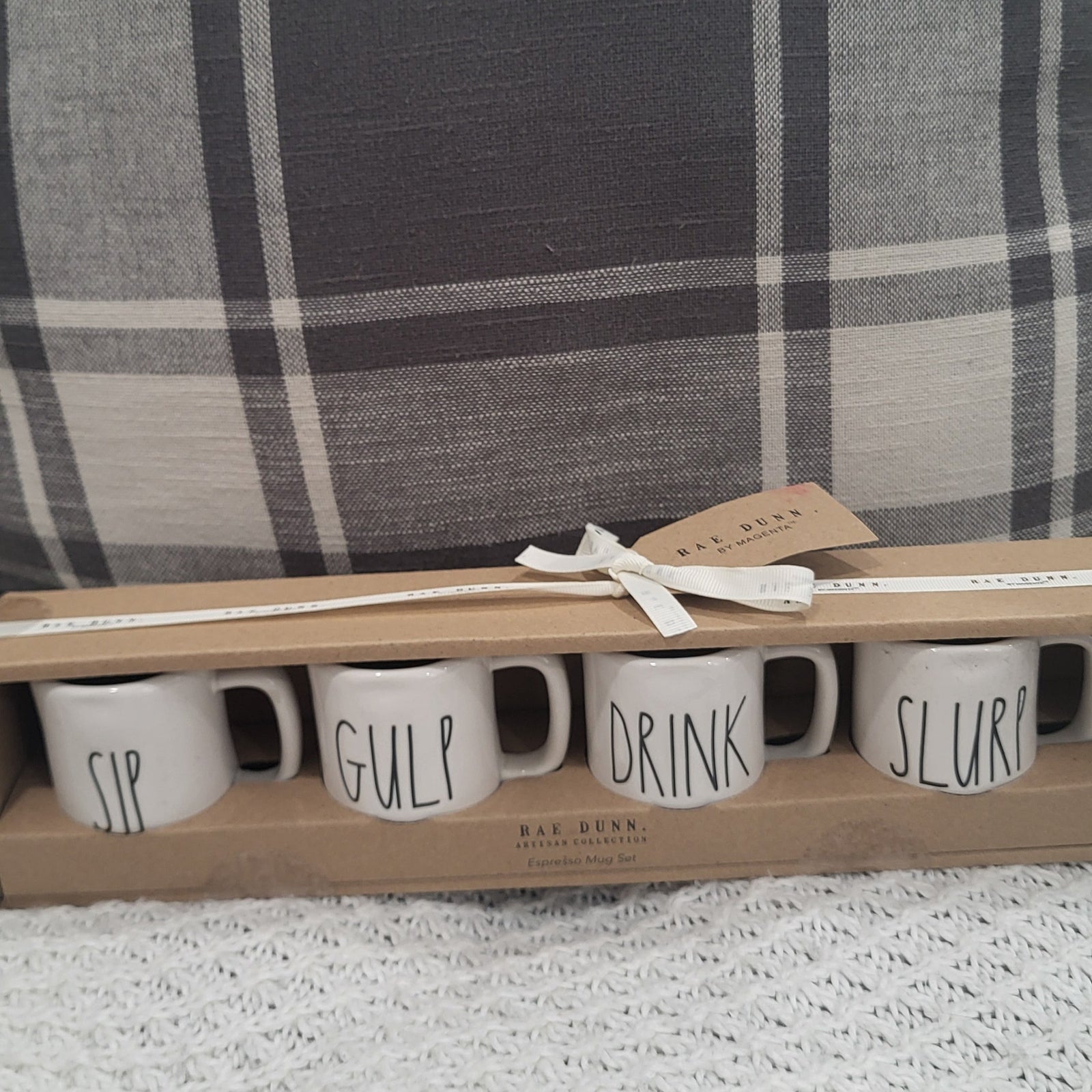 Rae Dunn "Mini White Sip, Gulp Drink, Slurp Espresso Mug Set of 4