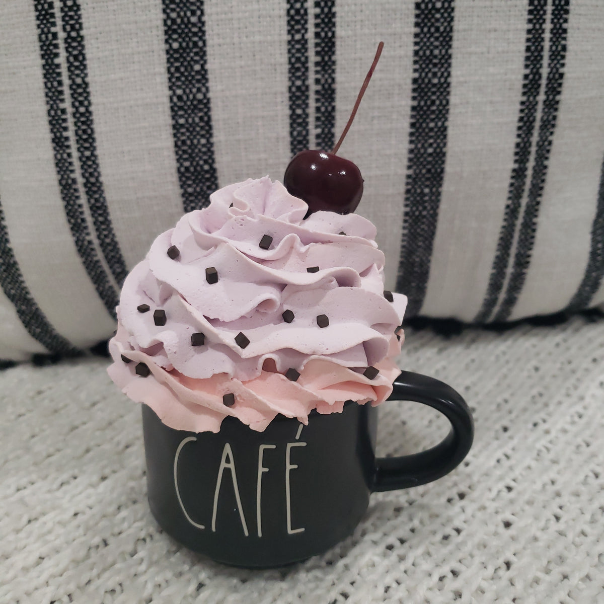Rae Dunn &quot;Café&quot; Black Mini Mug &amp; Pip Posh Faux Sweet Décor Cherry Whipped Topper Collection