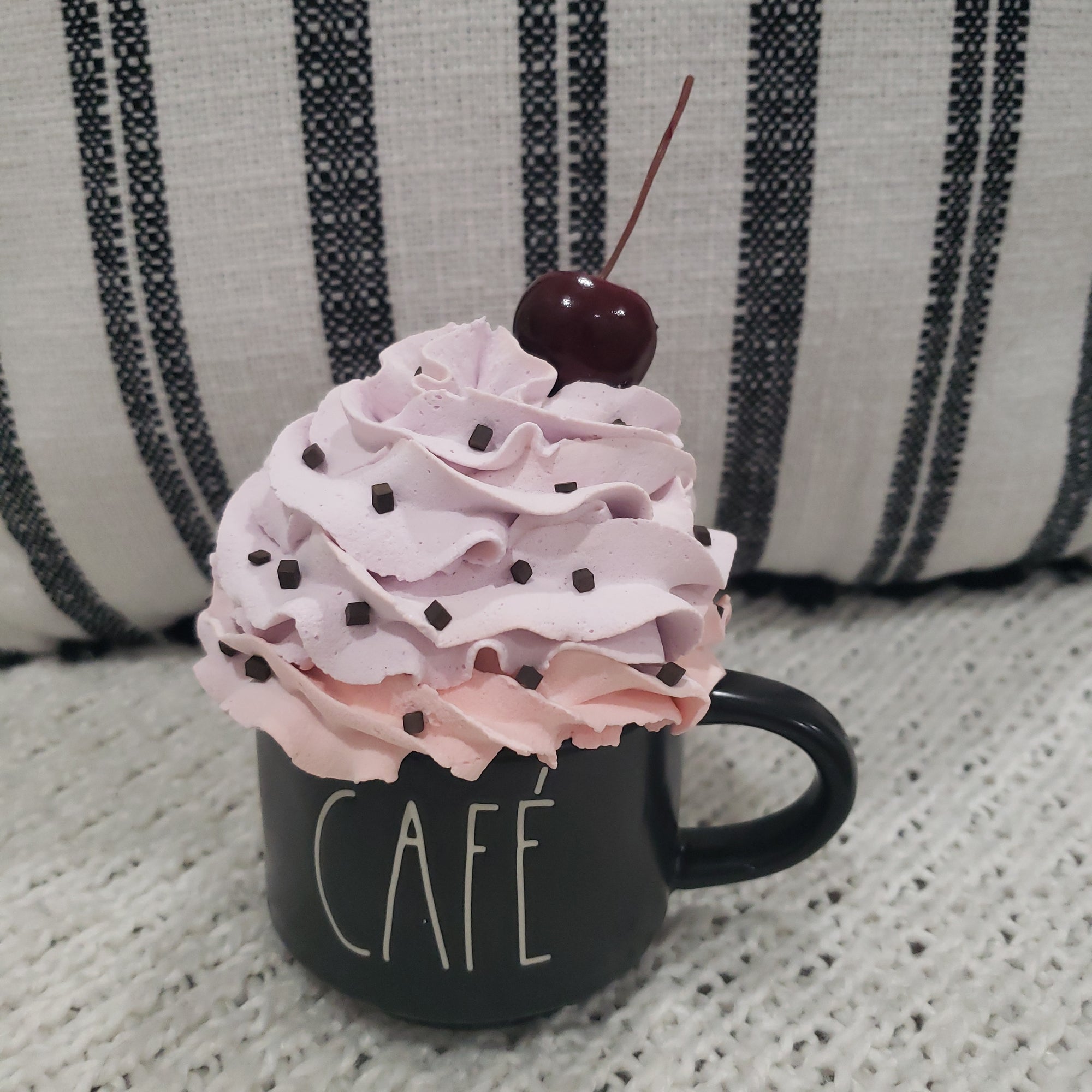 Rae Dunn "Café" Black Mini Mug & Pip Posh Faux Sweet Décor Cherry Whipped Topper Collection