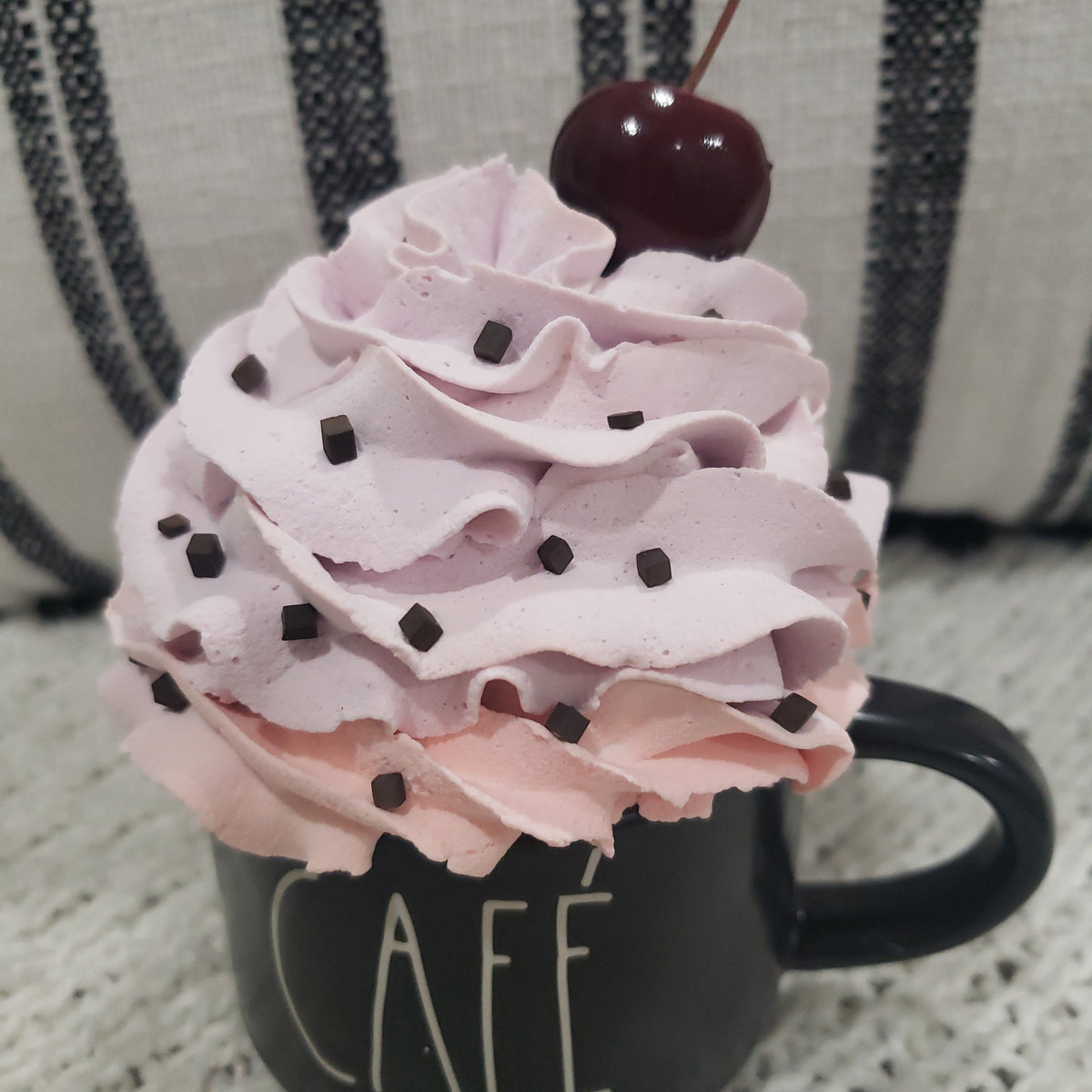 Rae Dunn &quot;Café&quot; Black Mini Mug &amp; Pip Posh Faux Sweet Décor Cherry Whipped Topper Collection