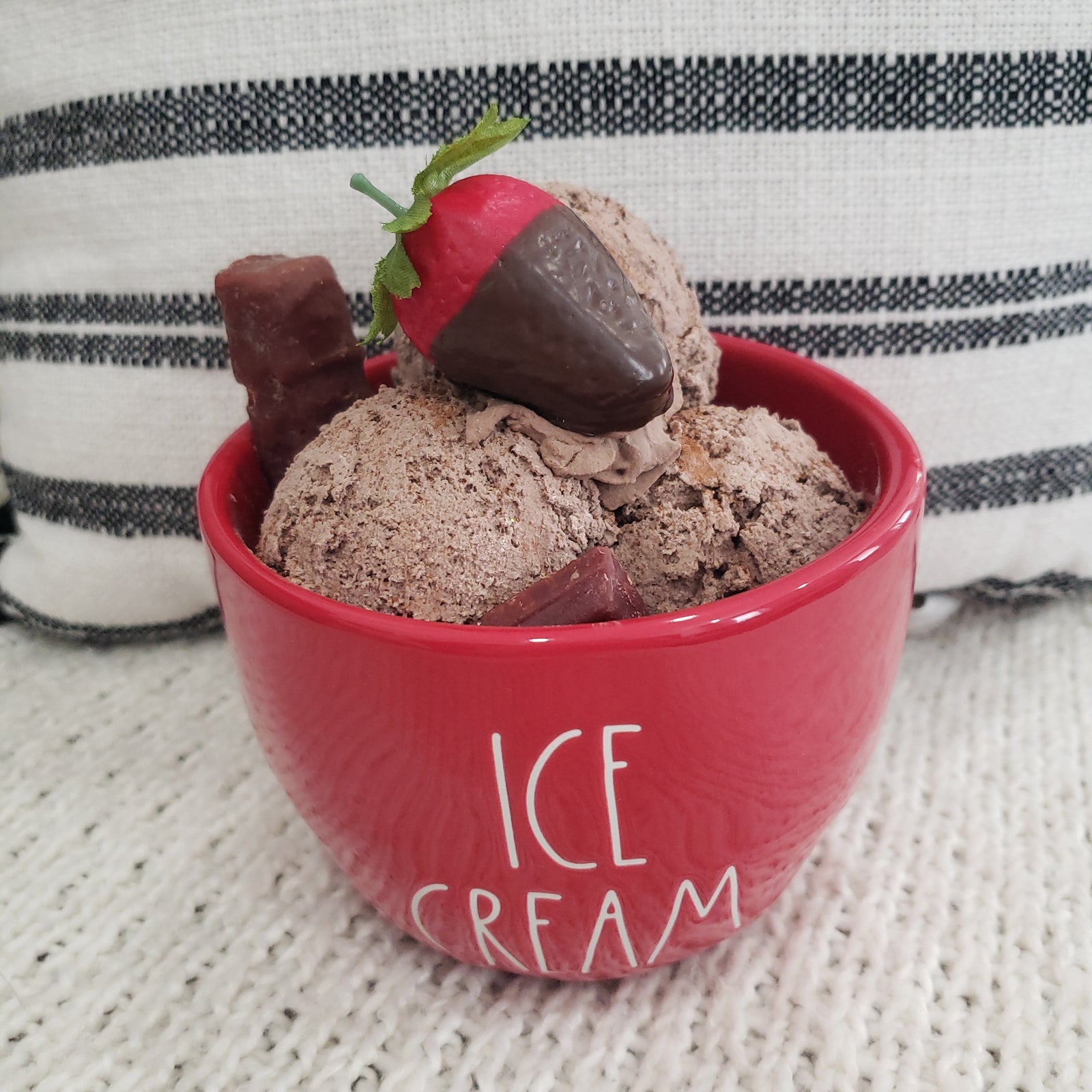 Rae Dunn "Ice Cream" Red Bowl & Pip Posh Design Faux Sweet Décor Chocolate Ice Cream Dessert Bowl Collection