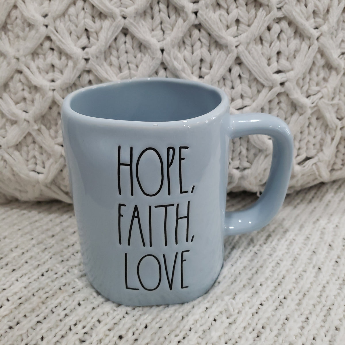 Rae Dunn &quot;Hope, Faith, Love&quot; Powder Blue Mug Collection