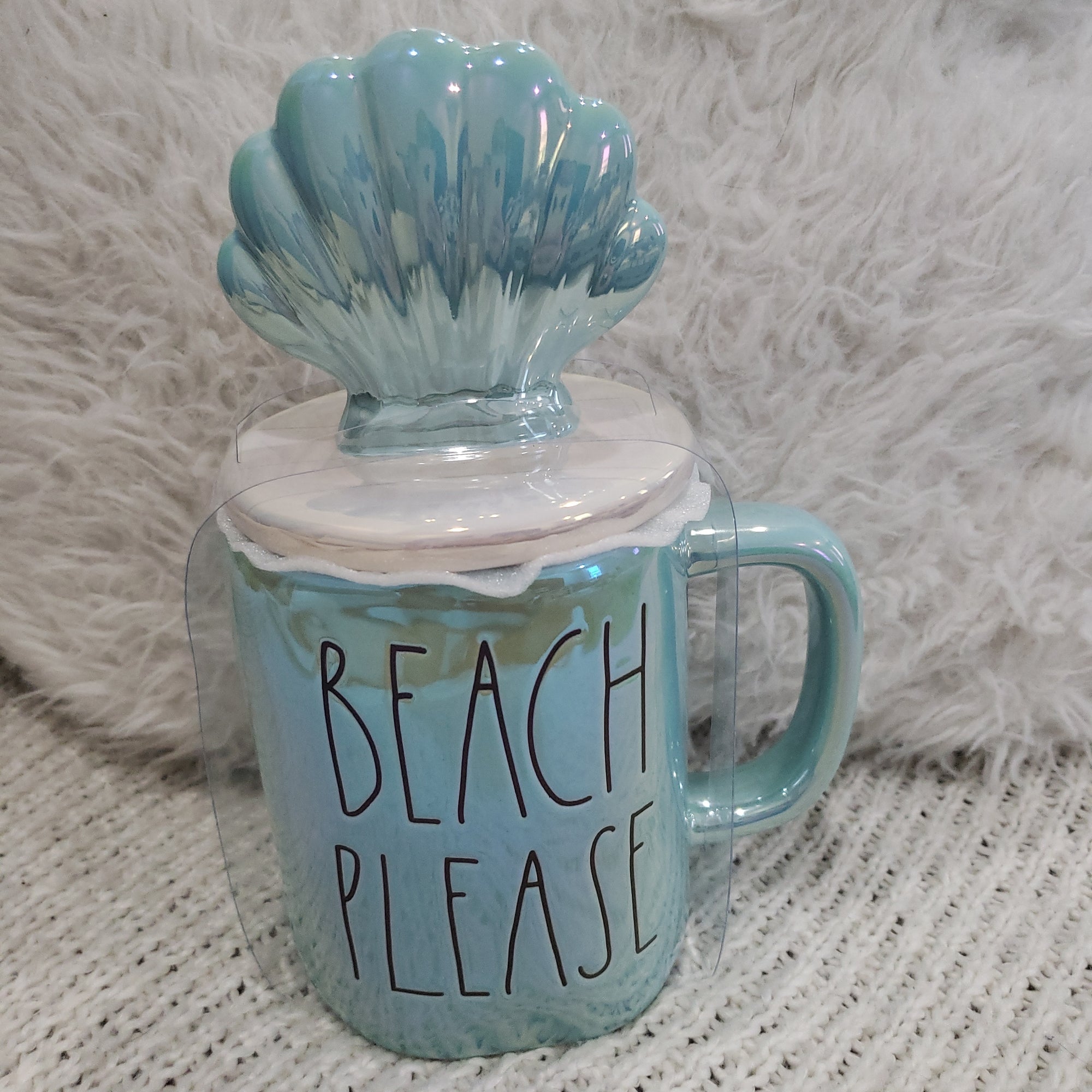 Rae Dunn "Beach Please" Iridescent Mug & Shell Mug Topper Beach Collection