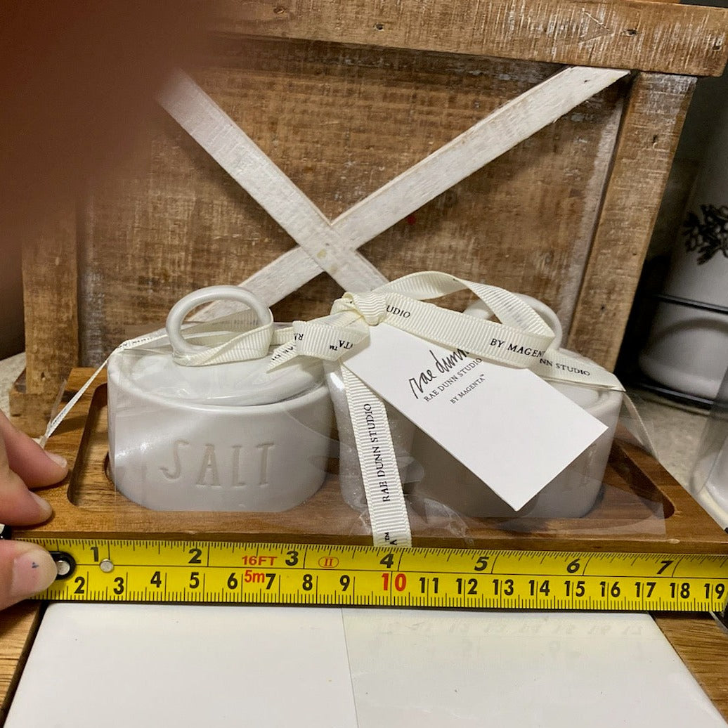 Rae Dunn &quot;Salt &amp; Pepper&quot; White Jar&#39;s On A Wooden Server Studio Collection
