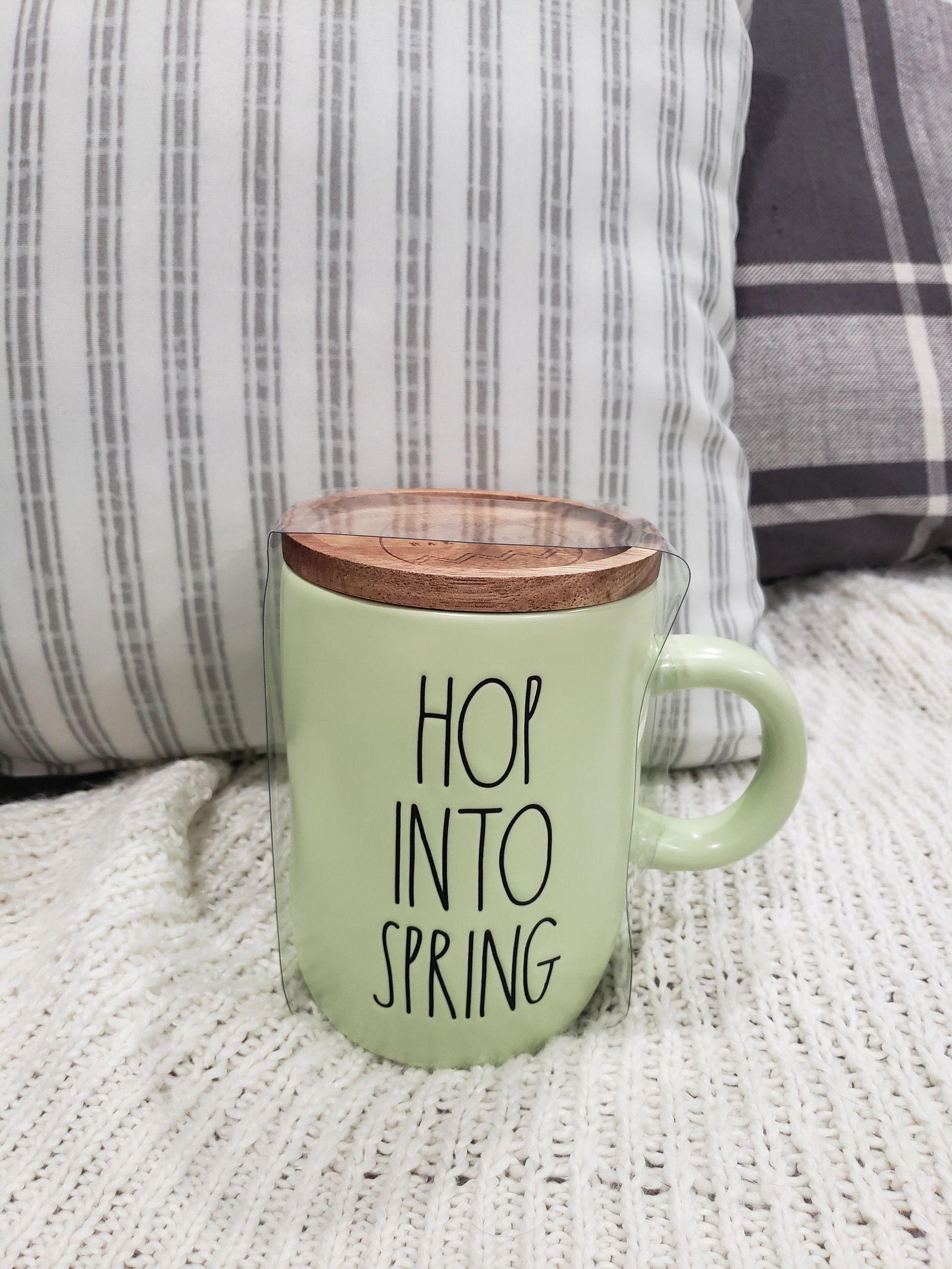 Rae Dunn "Hop Into Spring" Green Mug and Wooden Lid Warmer Collection