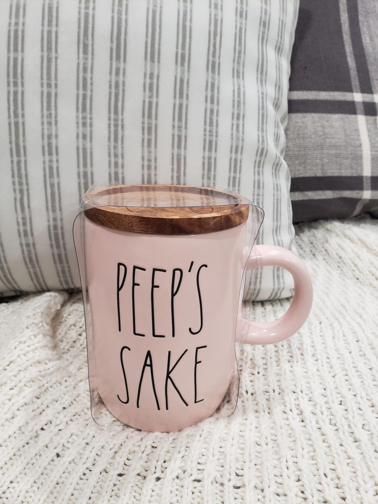 Rae Dunn "PEEP'S SAKE" Powder Pink Mug and Wooden Lid Warmer Collection