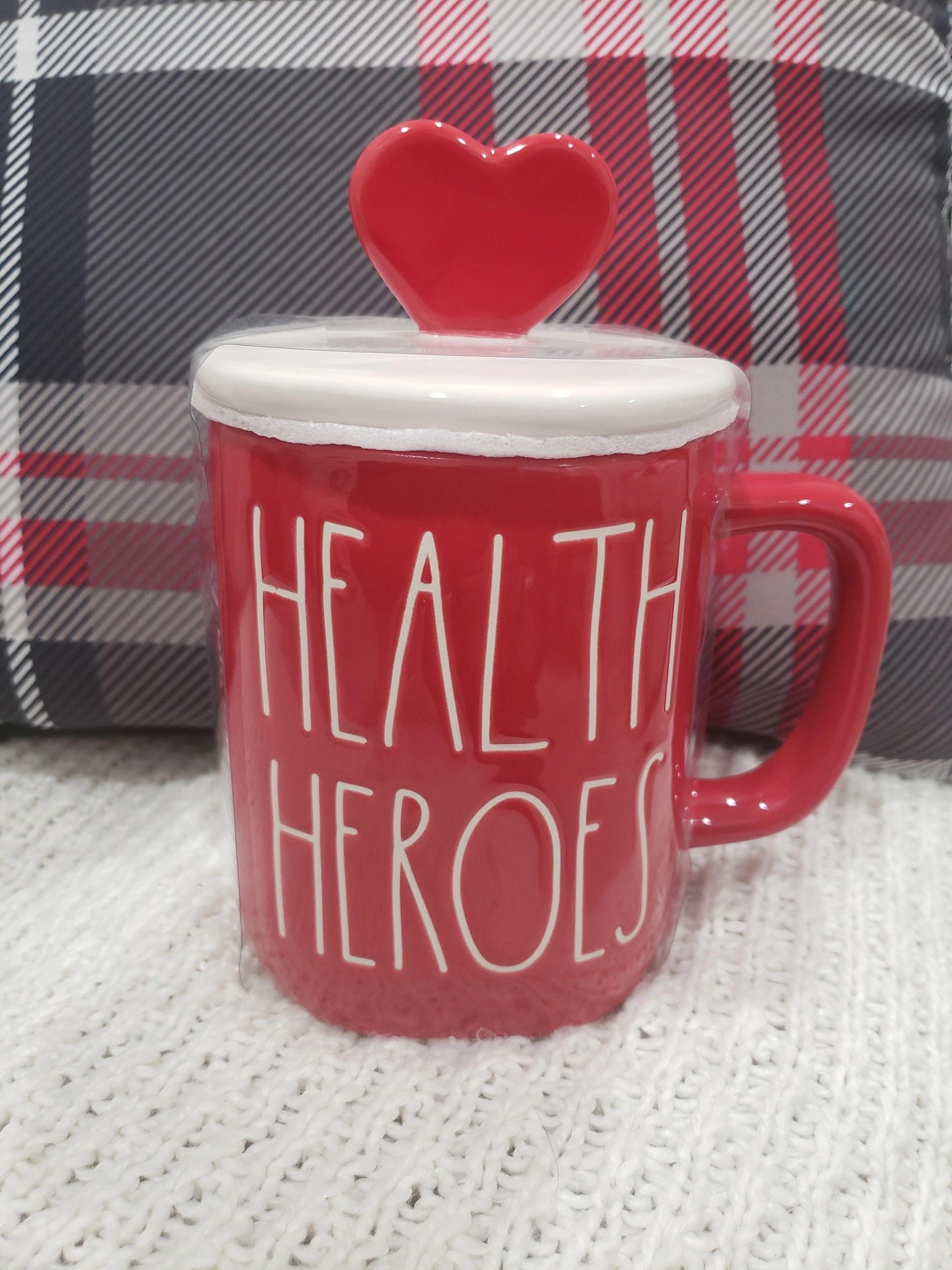 Rae Dunn "HEALTH HEROS" Red Mug and Heart Lid Warmer Collection