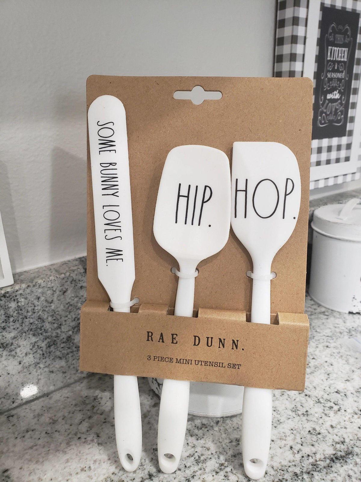 Rae Dunn 3 Piece Mini White Utensil Set &quot;Some Bunny Loves Me, Hip. Hop