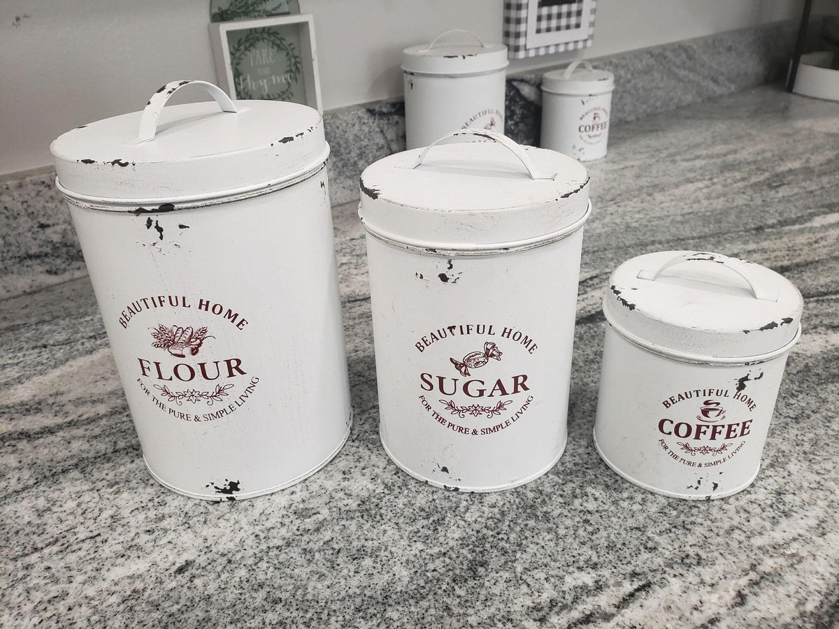 Rustic Farm House Décor &quot;FLOUR, SUGAR, COFFEE&quot; Tins Set of 3