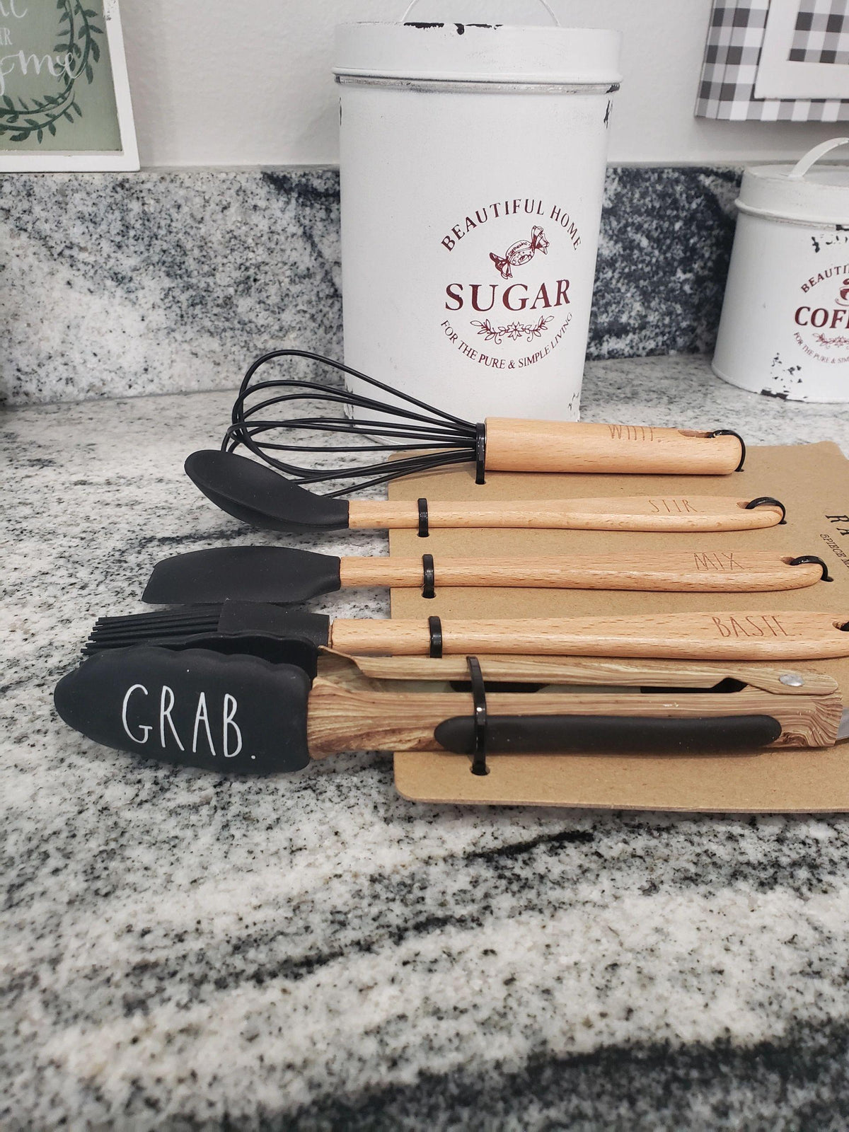 Rae Dunn 5 Piece Black Mini Utensil Set &quot; WHISK, STIR, MIX, BASTE, GRAB