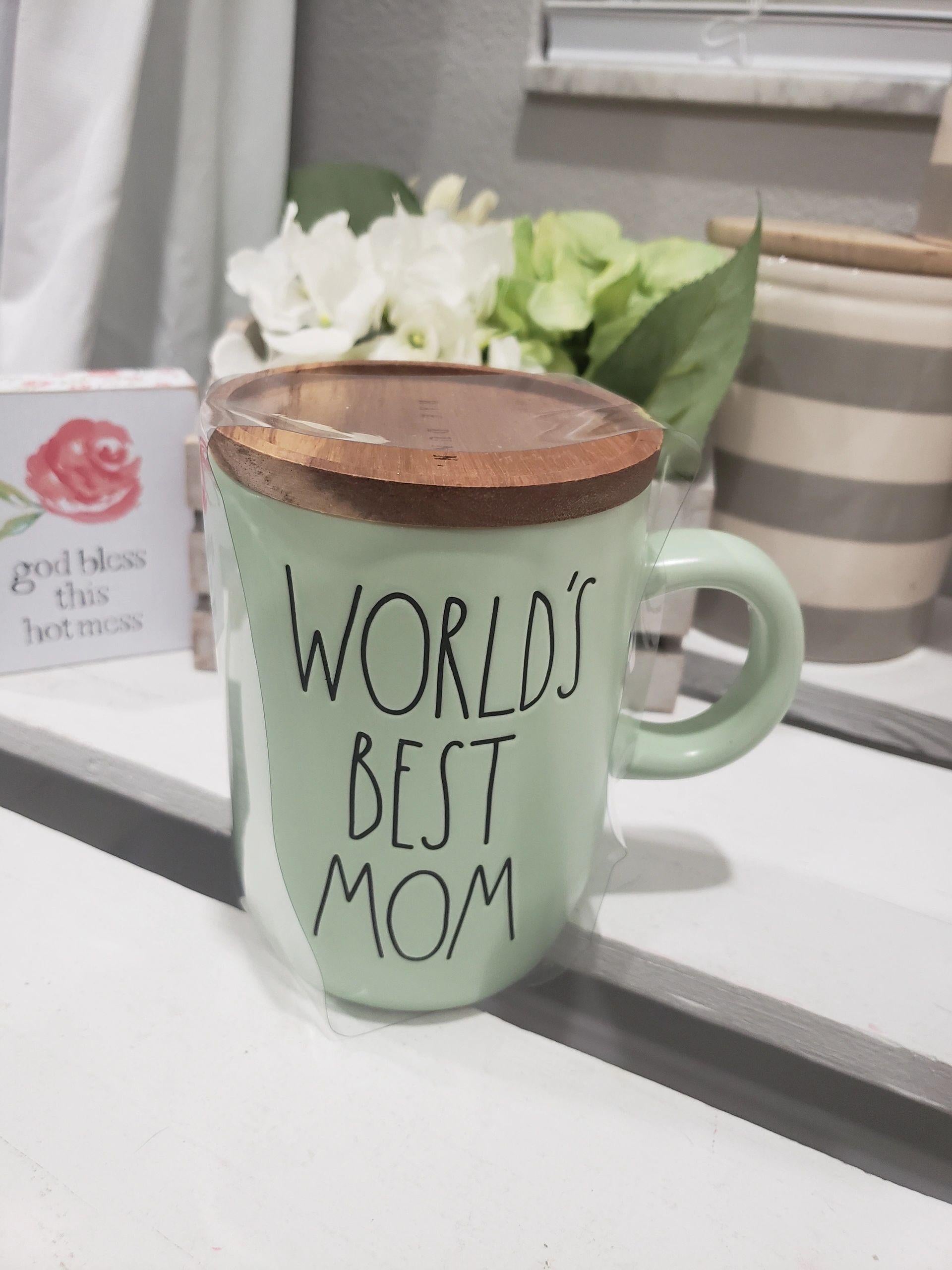 Rae Dunn Worlds Best Mom Mug Collection With Wooden Lid Warmer