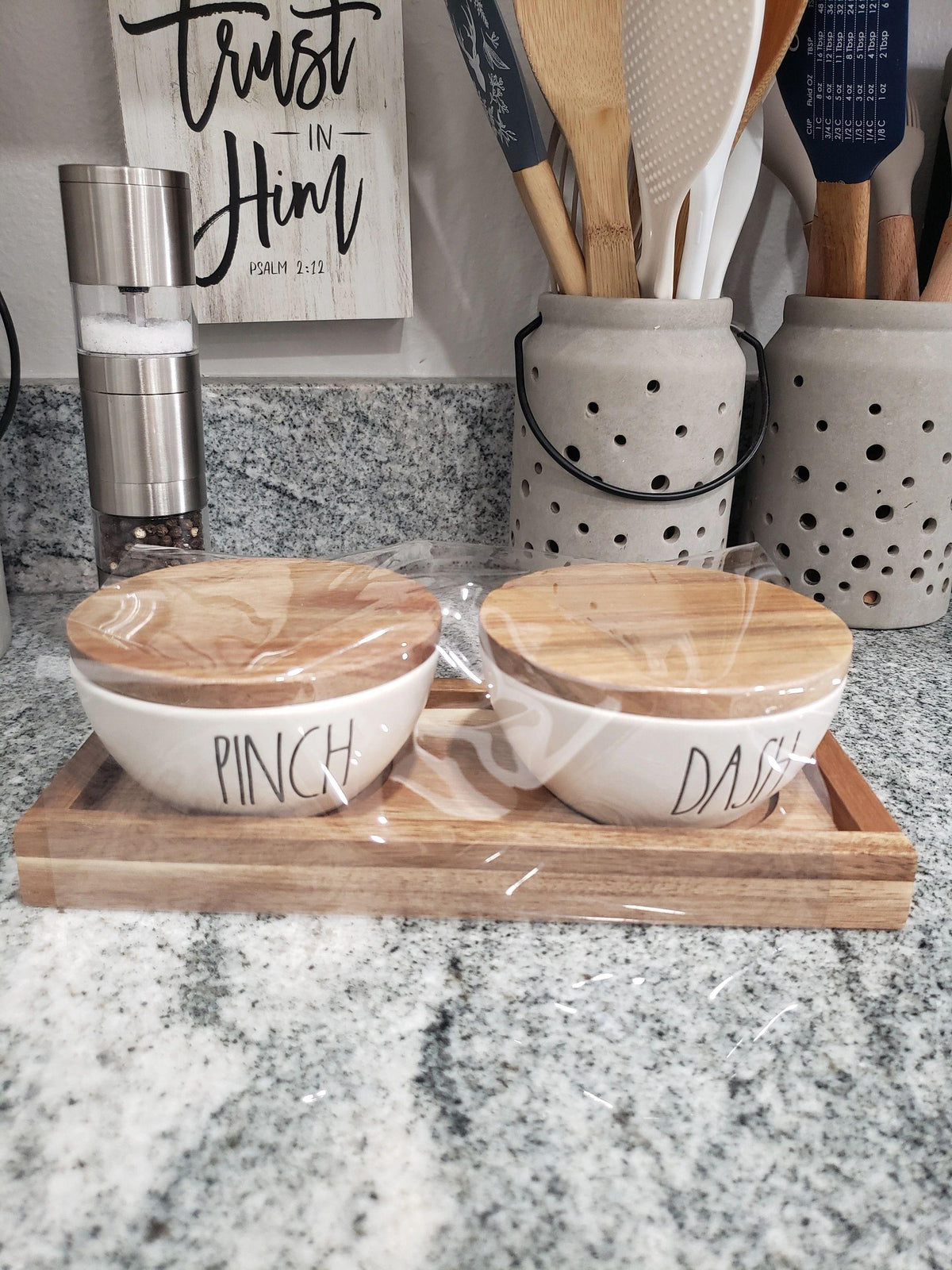 Rae Dunn Pinch &amp; Dash Spice Cellars Set on Wooden Tray