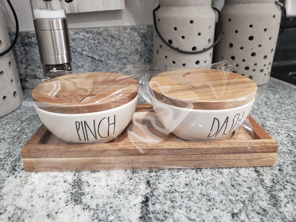 Rae Dunn Pinch &amp; Dash Spice Cellars Set on Wooden Tray