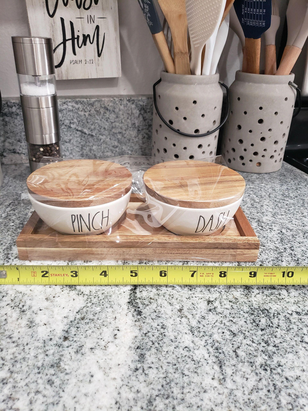 Rae Dunn Pinch &amp; Dash Spice Cellars Set on Wooden Tray