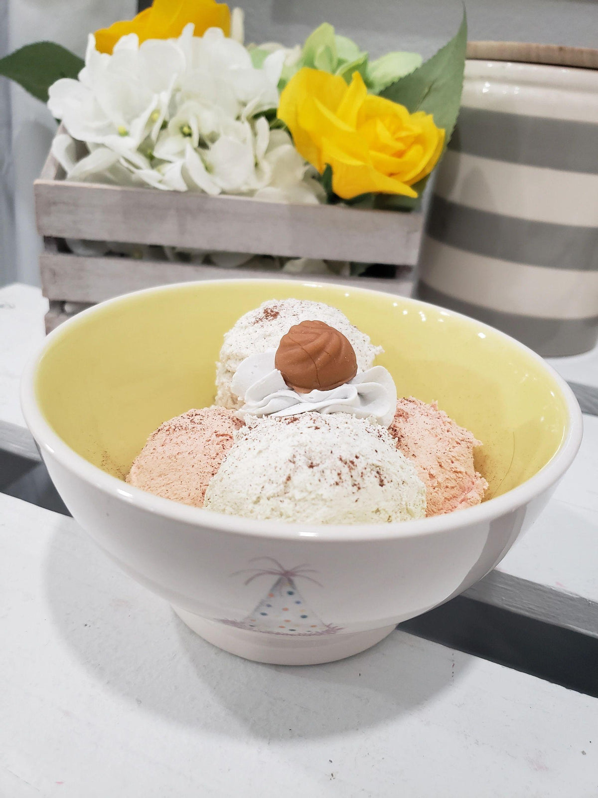 Rae Dunn &quot;Believe in Celebrating&quot; Bowl &amp; Pip Posh Designs Faux Sweet Décor Vanilla Ice cream Bowl Dessert Collection