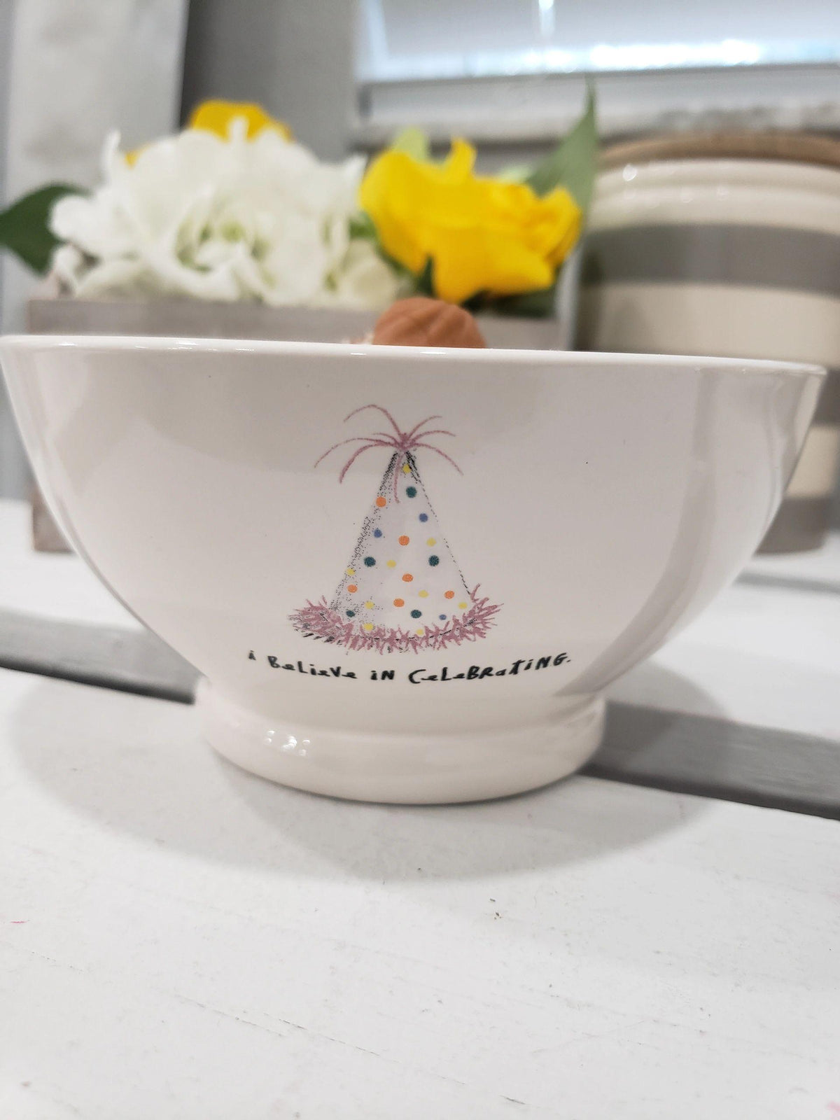 Rae Dunn &quot;Believe in Celebrating&quot; Bowl &amp; Pip Posh Designs Faux Sweet Décor Vanilla Ice cream Bowl Dessert Collection