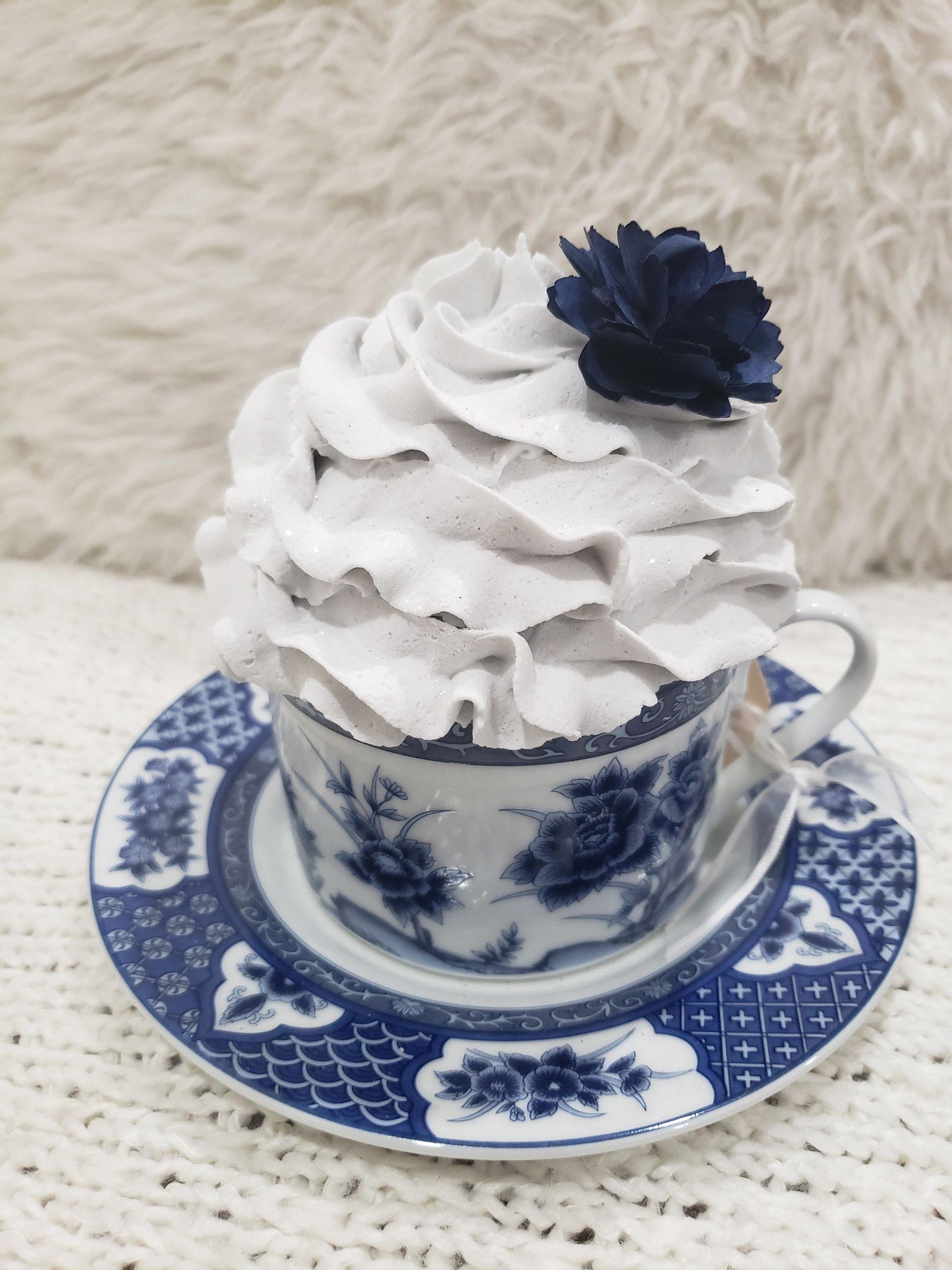 Pip Posh Design Faux Sweet Décor Whipped Topper Navy Flower Tea Cup Collection