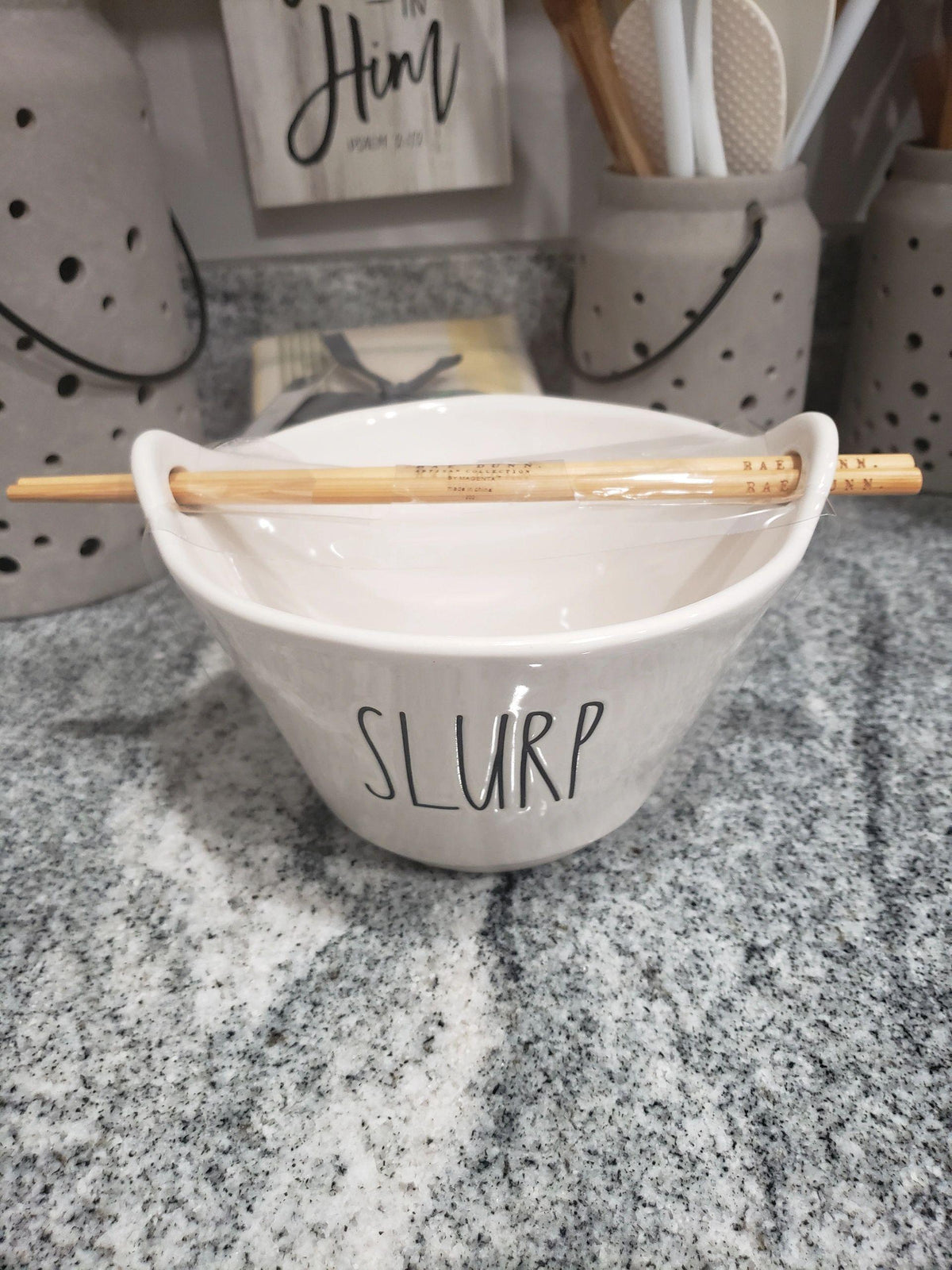 Rae Dunn &quot;Slurp&quot; White Bowl &amp; Chop Stick Set