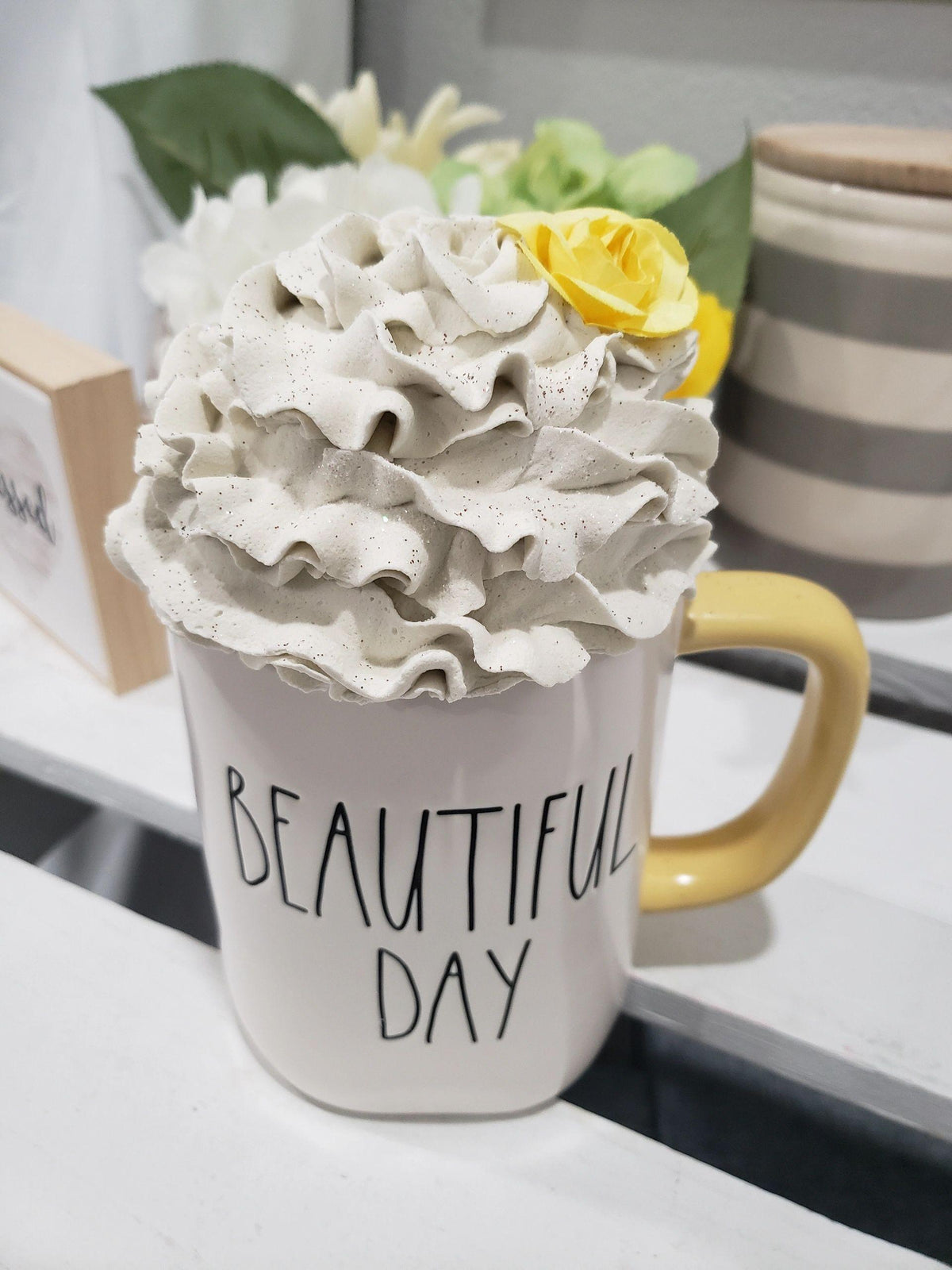 Pip Posh Design Faux Sweet Décor Yellow Flower Ivory Whipped Mug Topper