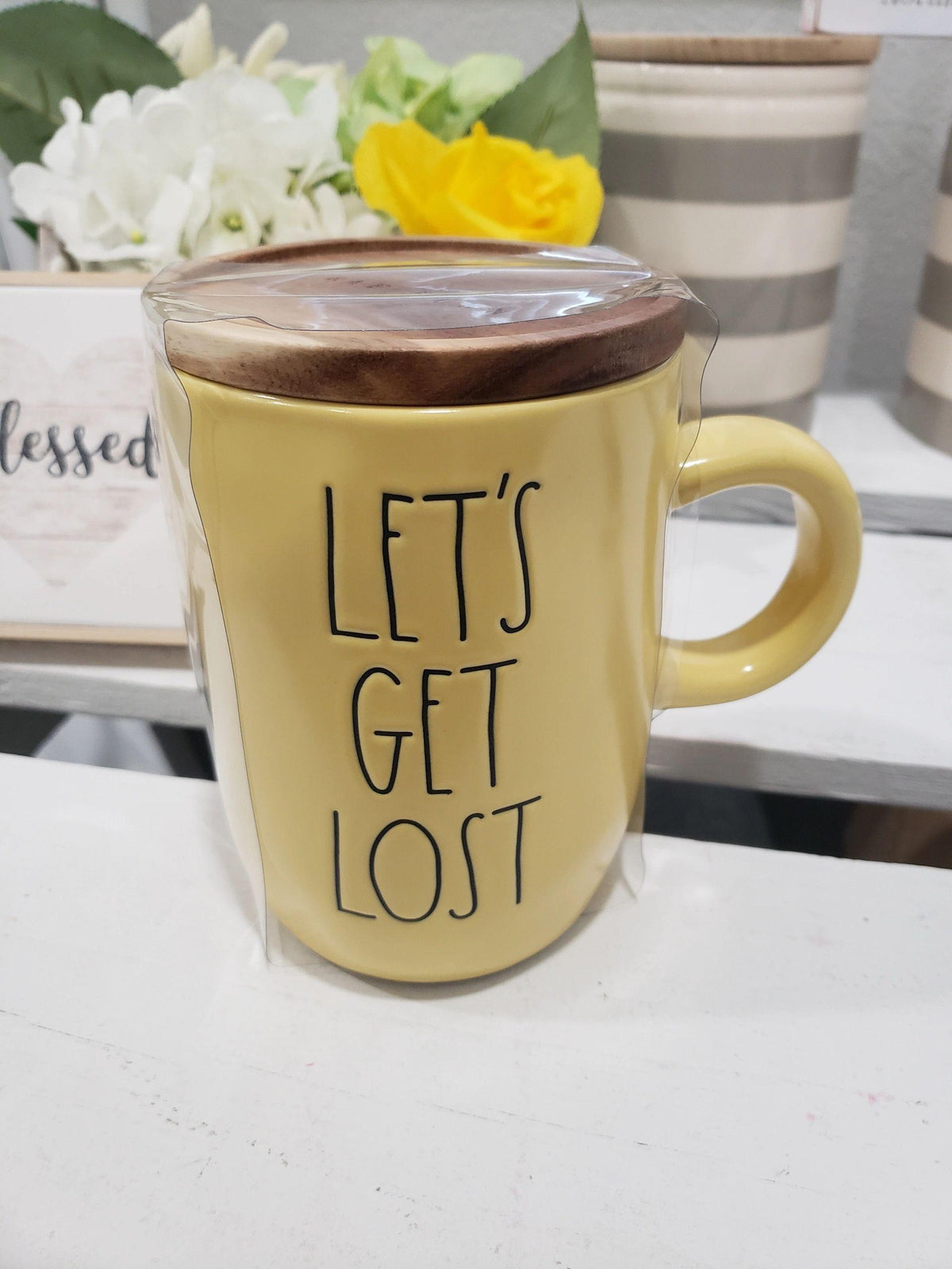 Rae Dunn &quot;Let&#39;s Get Lost&quot; Yellow Mug With Wooden Lid Warmer Collection
