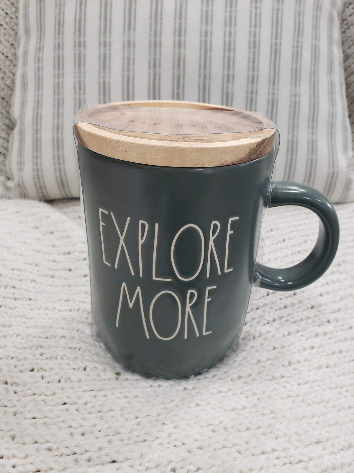 Rae Dunn &quot;Explore More&quot; Mug With Wooden Lid Topper Collection