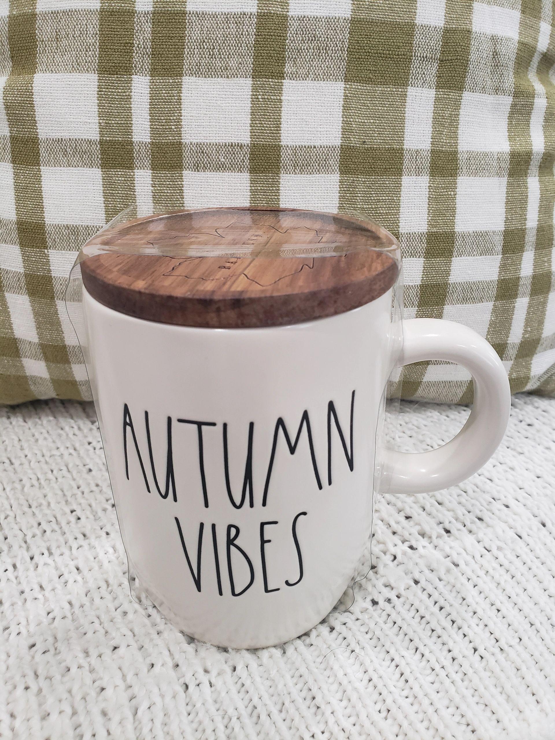 Rae Dunn "Autumn Vibes" White Mug & Wooden Lid Warmer Collection