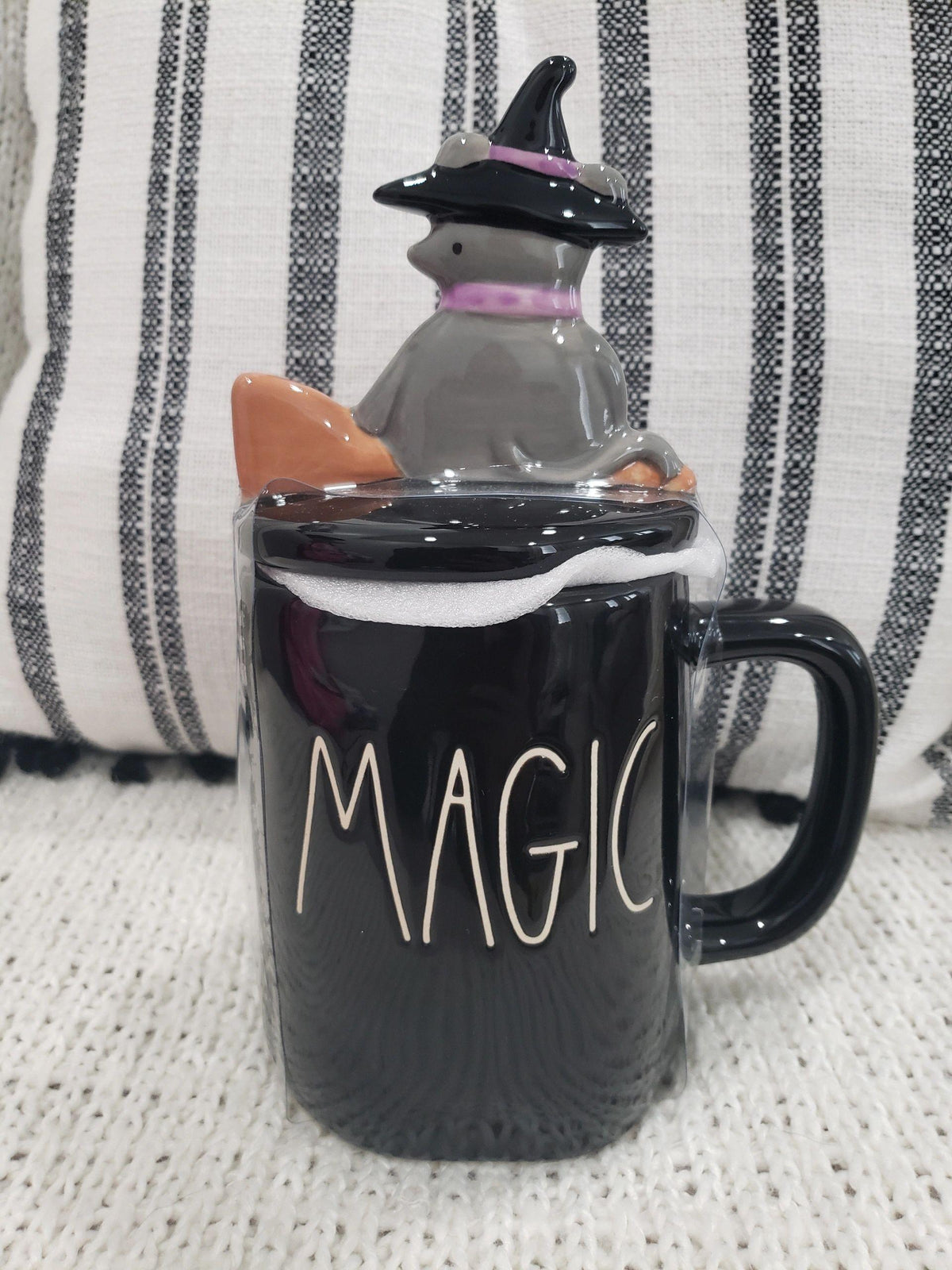 Rae Dunn &quot;MAGIC&quot; Black Mug &amp; Cat On A Broom Stick Mug Topper