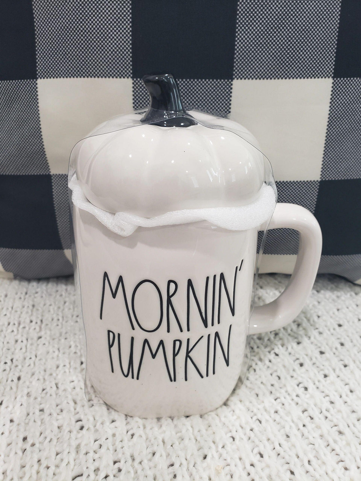 Rae Dunn &quot;Mornin&#39; Pumpkin&quot; White Mug &amp; Pumpkin Lid Warmer