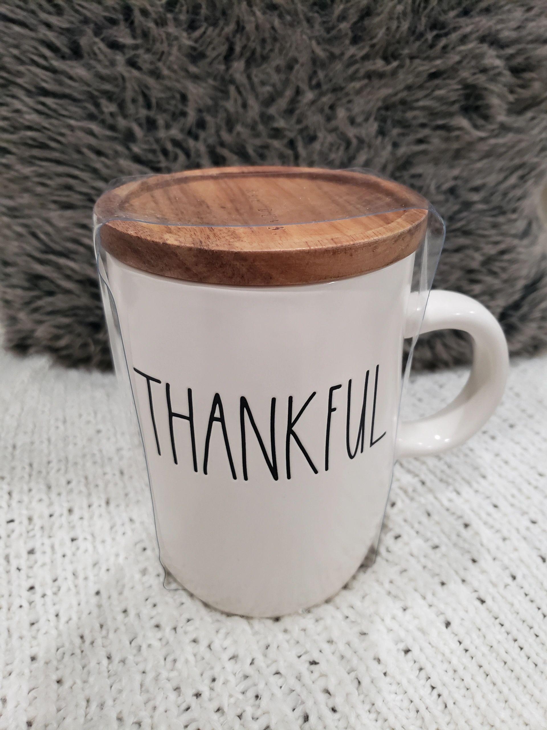 Rae Dunn "Thankful" Mug & Wooden Lid Warmer Collection