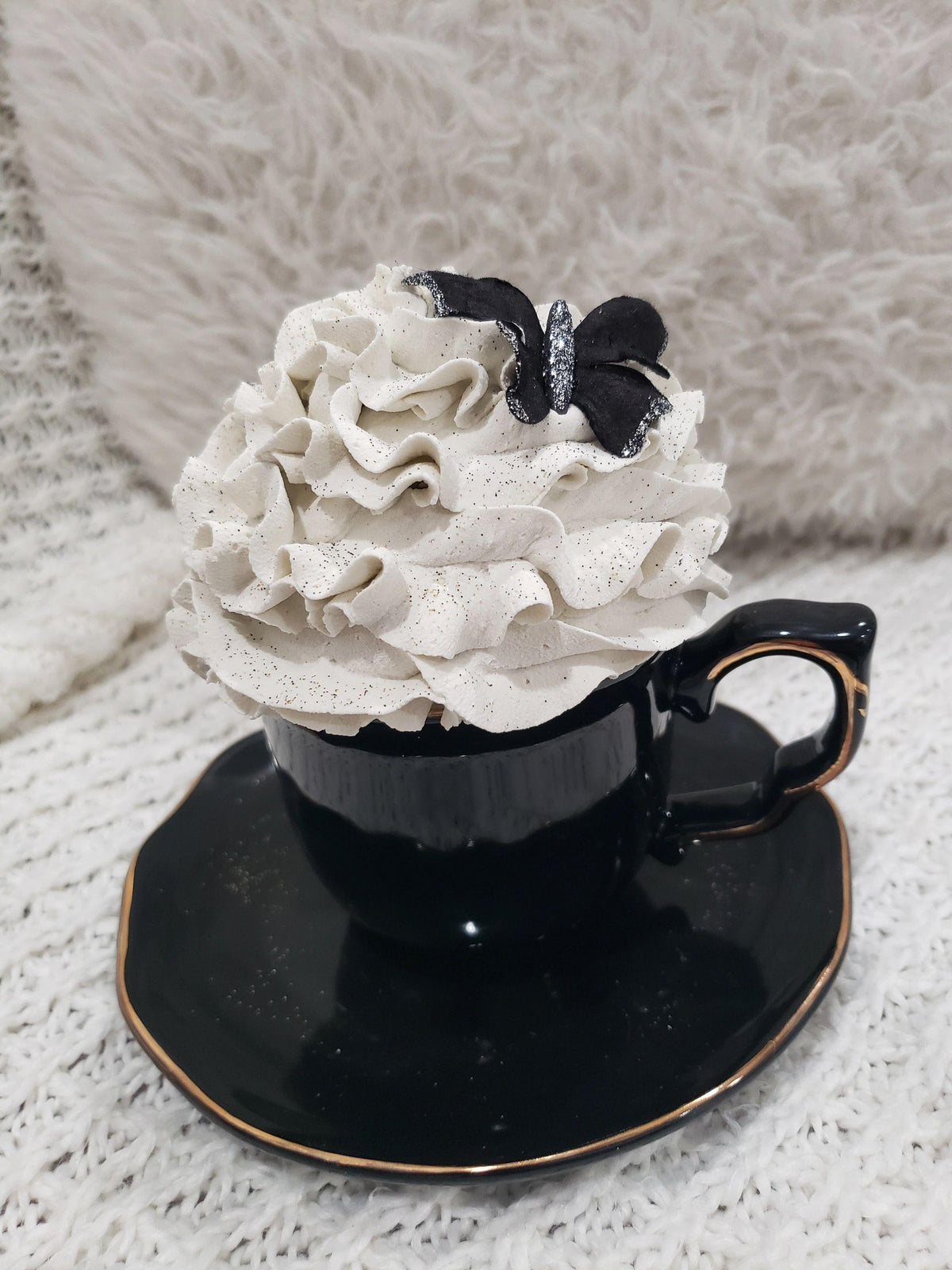 Pip Posh Design Faux Sweet Décor Black Tea Cup &amp; Whipped Black Butterfly Topper Collection