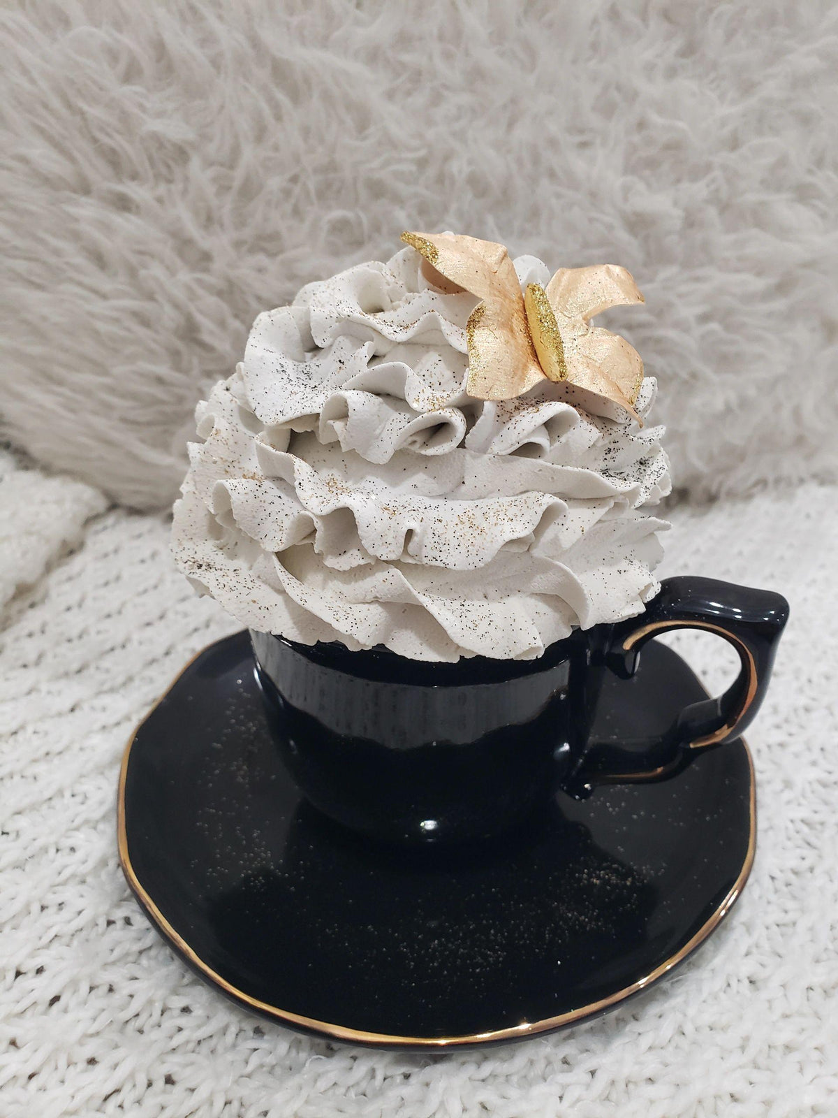 Pip Posh Design Faux Sweet Décor Black Tea Cup &amp; Whipped Gold Butterfly Topper