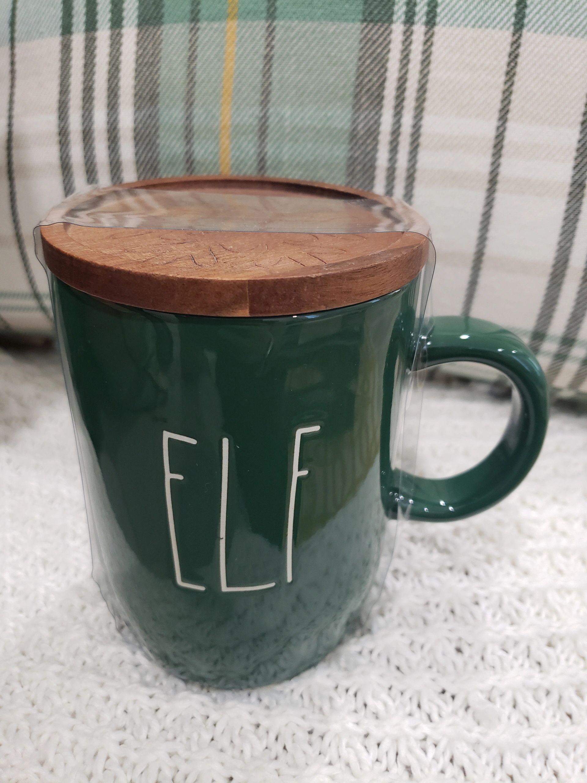 Rae Dunn "ELF" Green Mug & Wooden Lid Warmer Holiday Collection